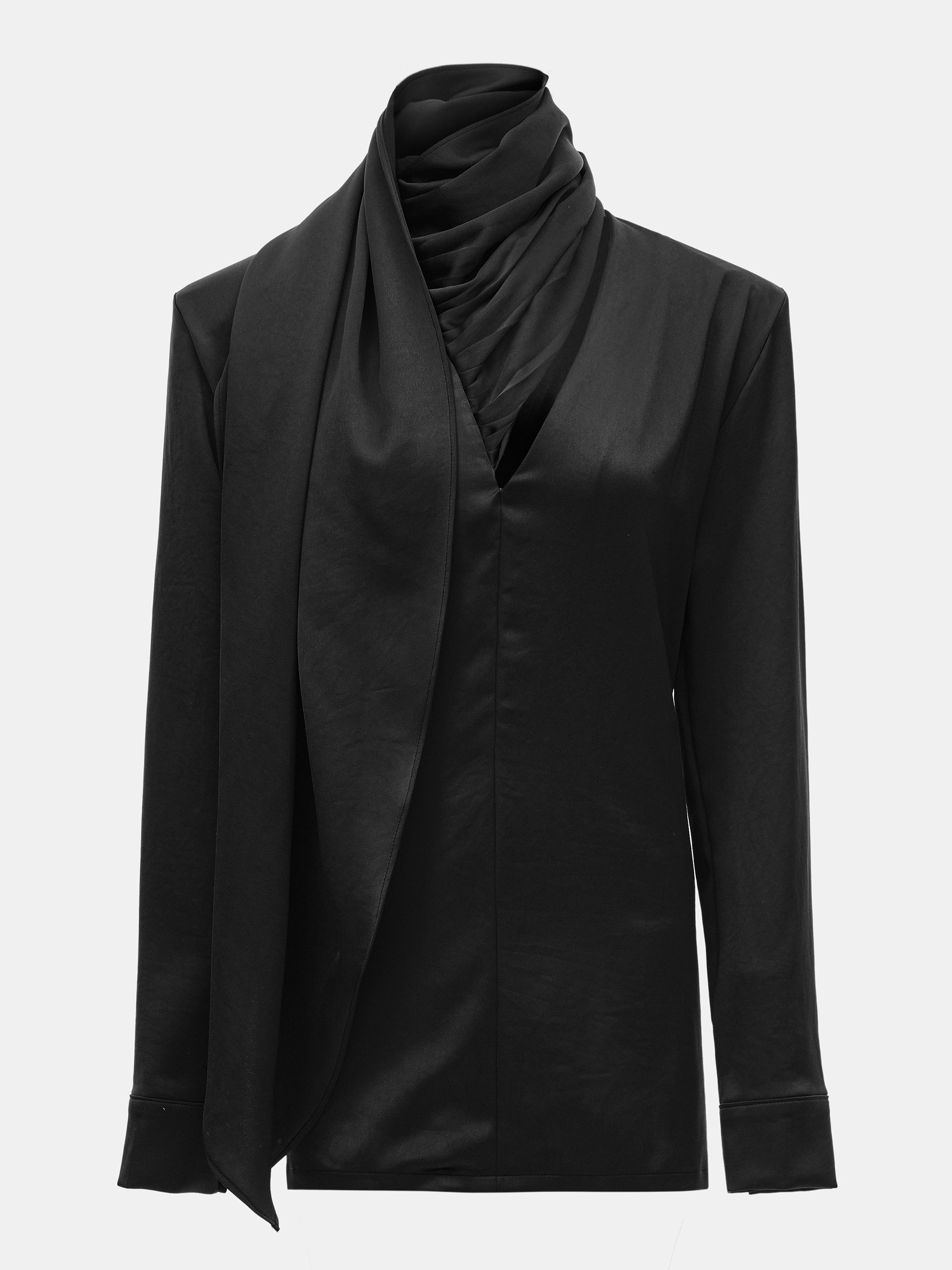 Koa Scarf Collar Satin Blouse, Black
