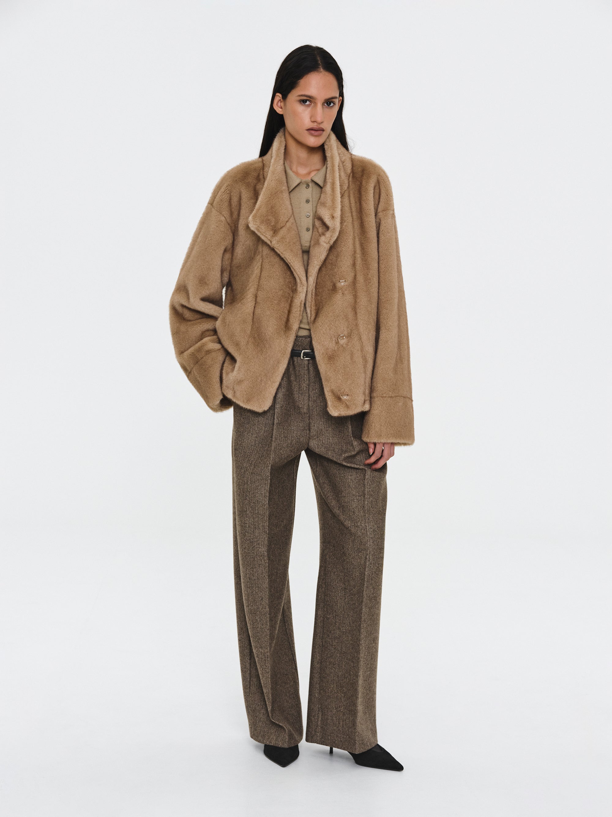Shawl-Collar Faux-Fur Jacket, Beige