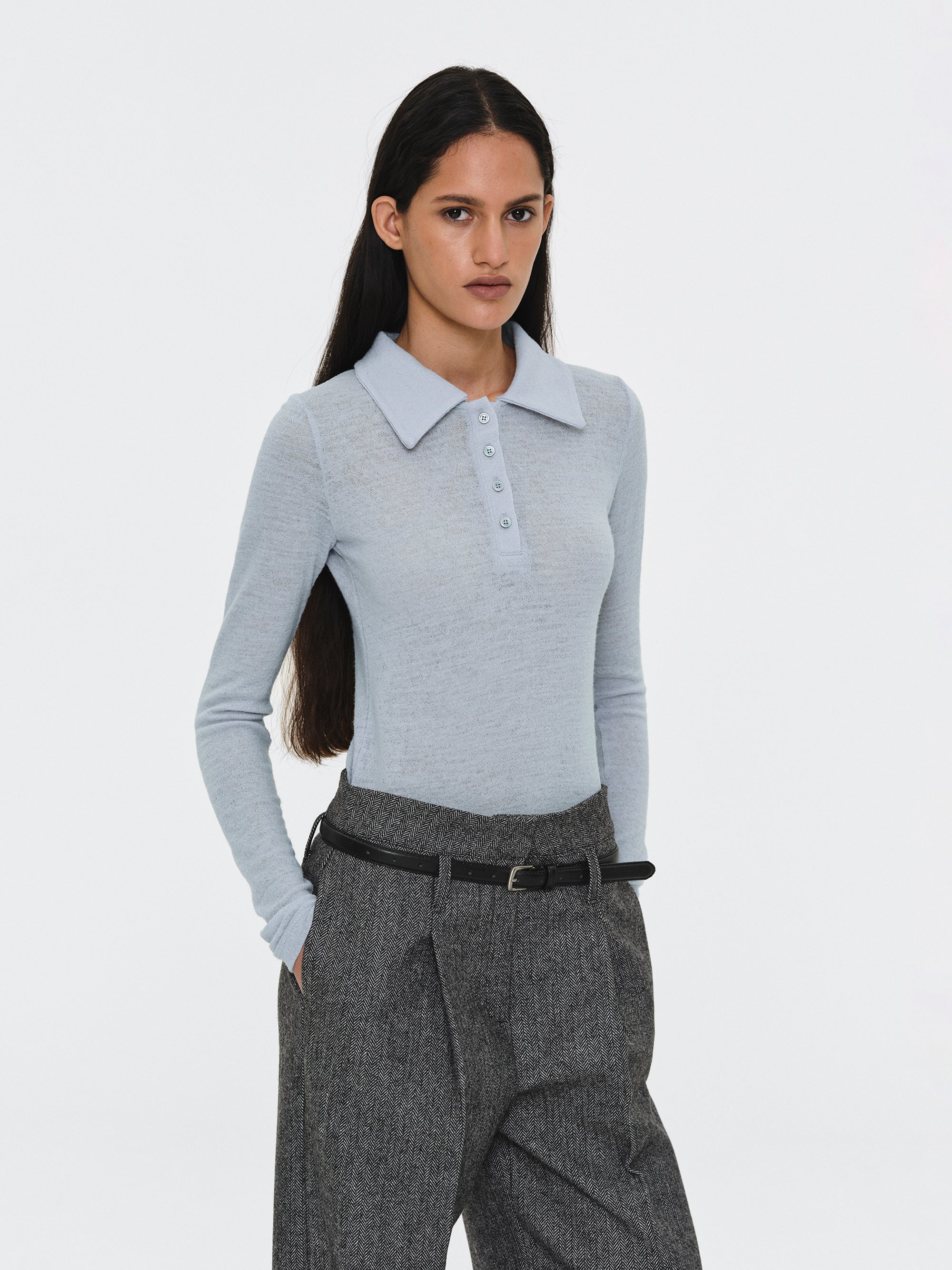 Semi-Sheer Wool Polo, Pale Blue
