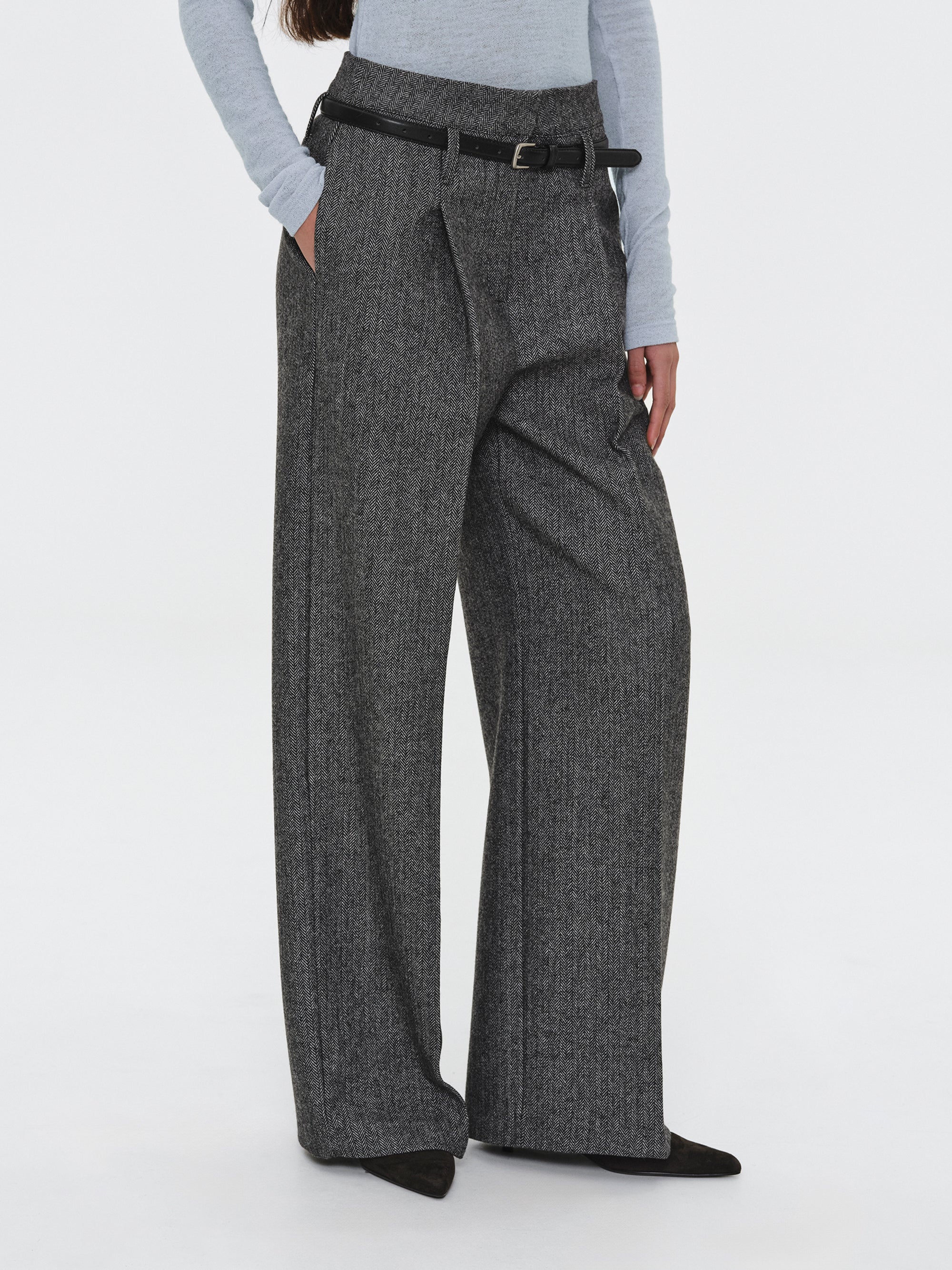 Belted Herringbone Trousers, Black