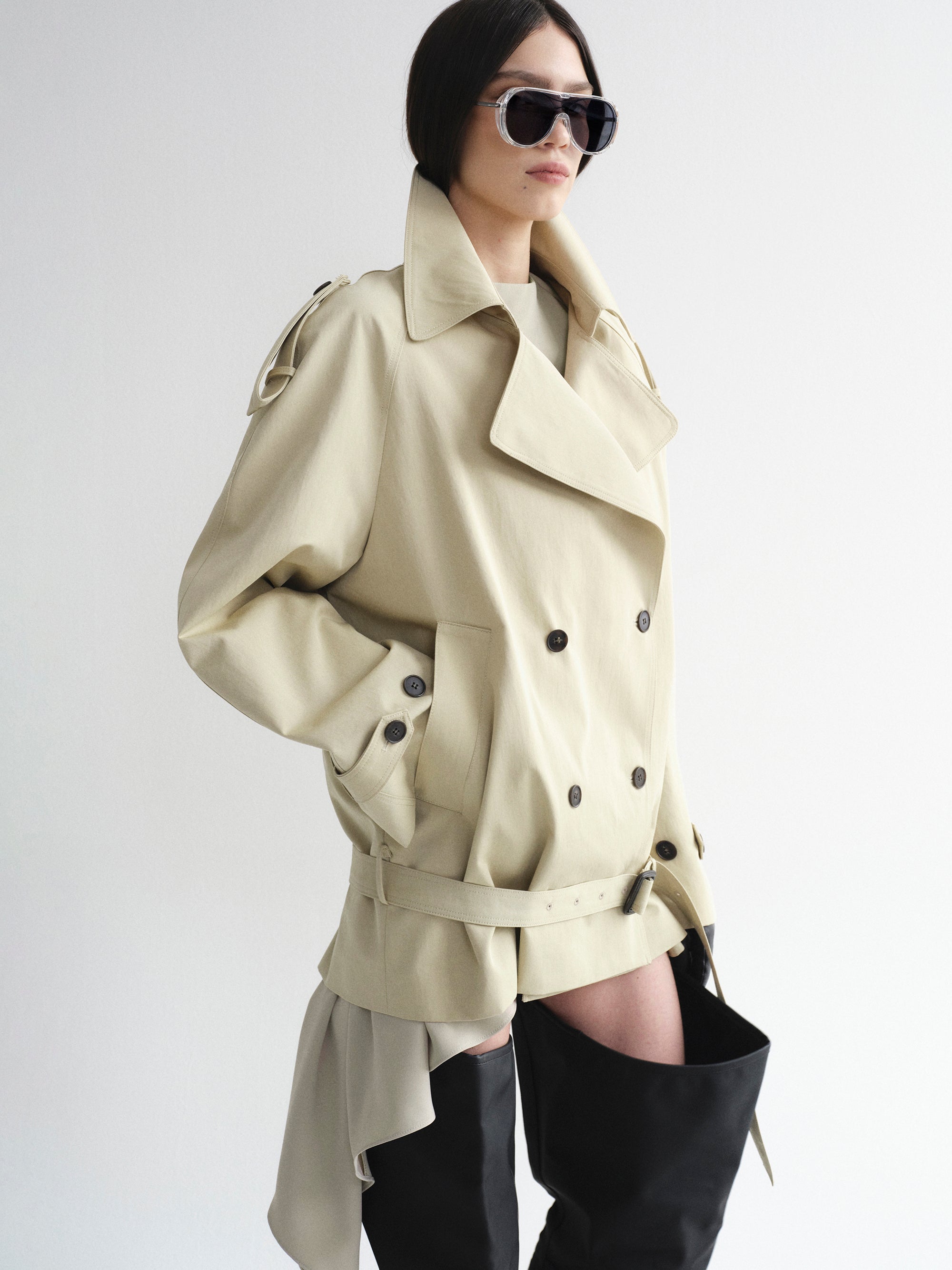 Double-Breasted Short Trench, Beige – SourceUnknown Double-Breasted Short Trench, Beige – SourceUnknown