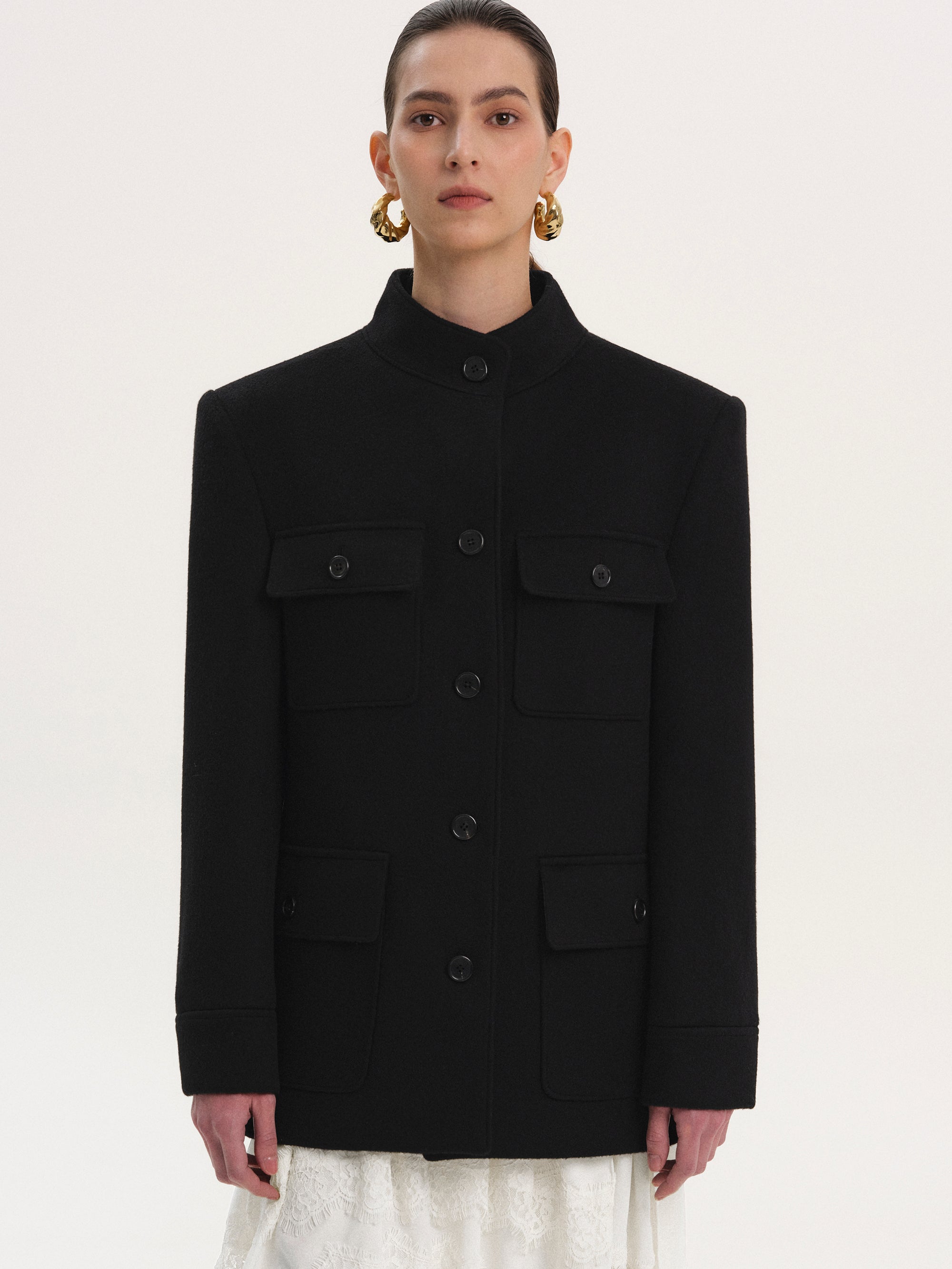 Wool Cashmere Officer Jacket, Black