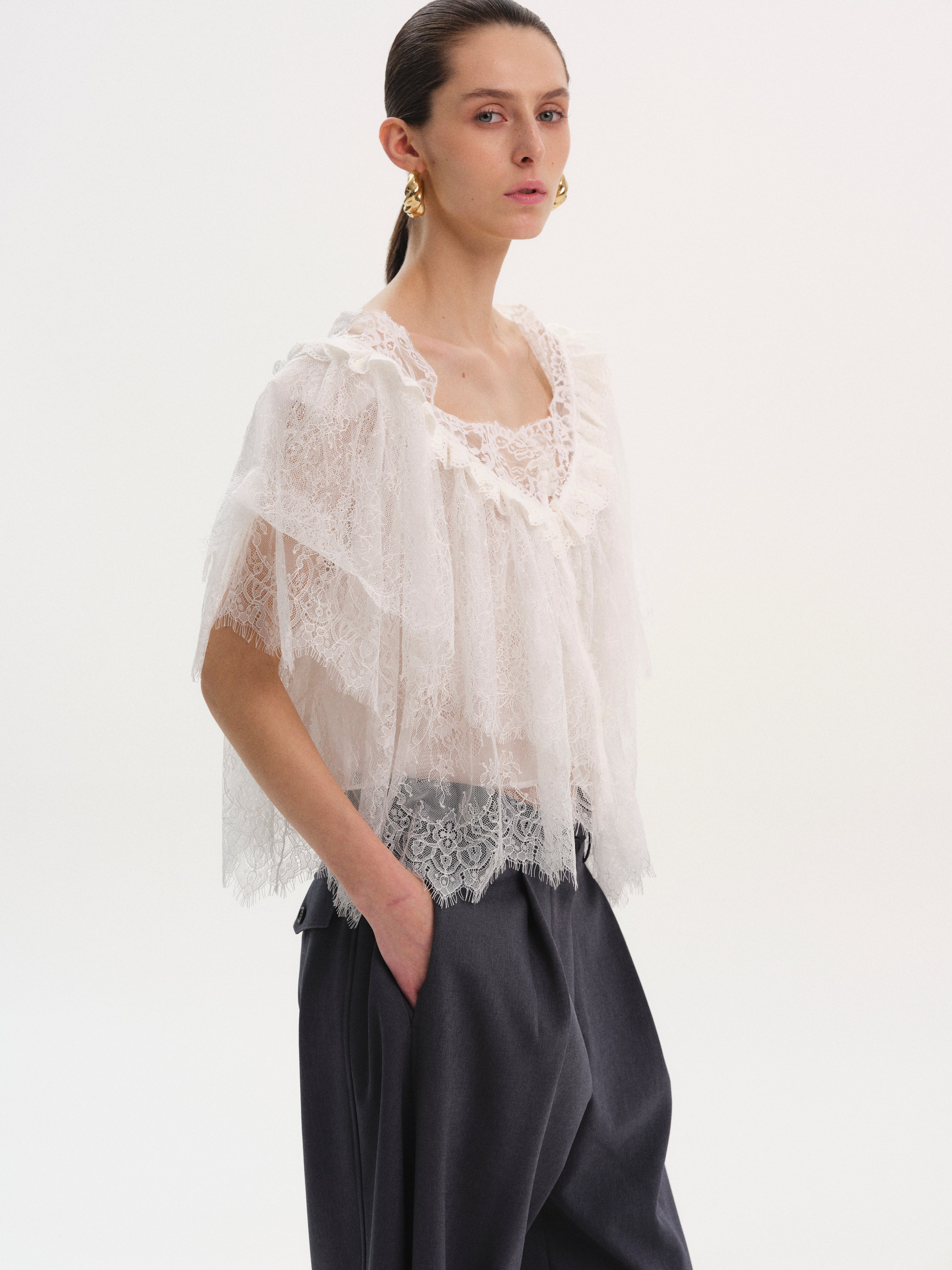 Lace Tiered Blouse, White