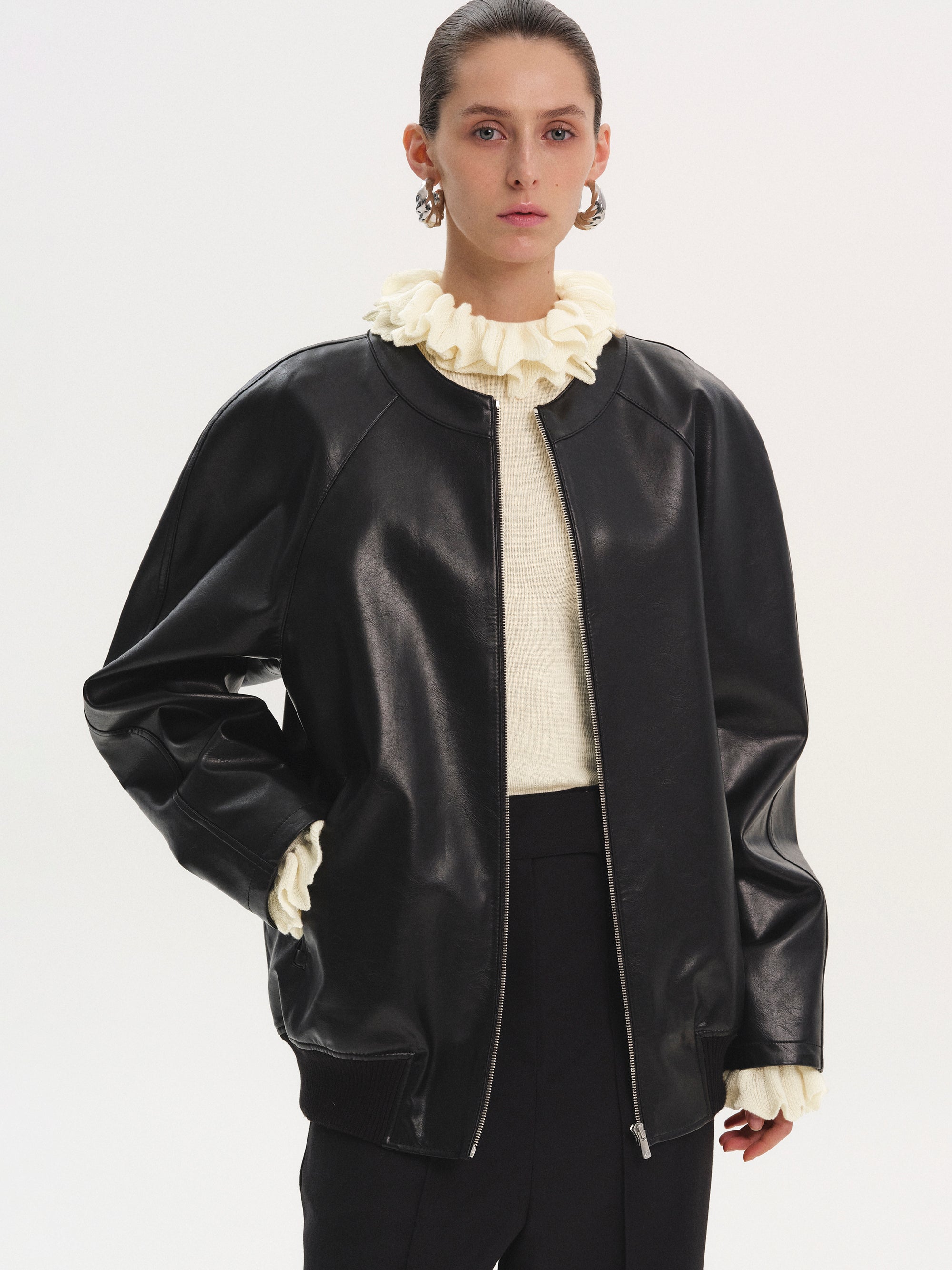 ジャケット・アウター student Fake Leather Zip Jacket Faux-Leather Zip Jacket, Black – SourceUnknown