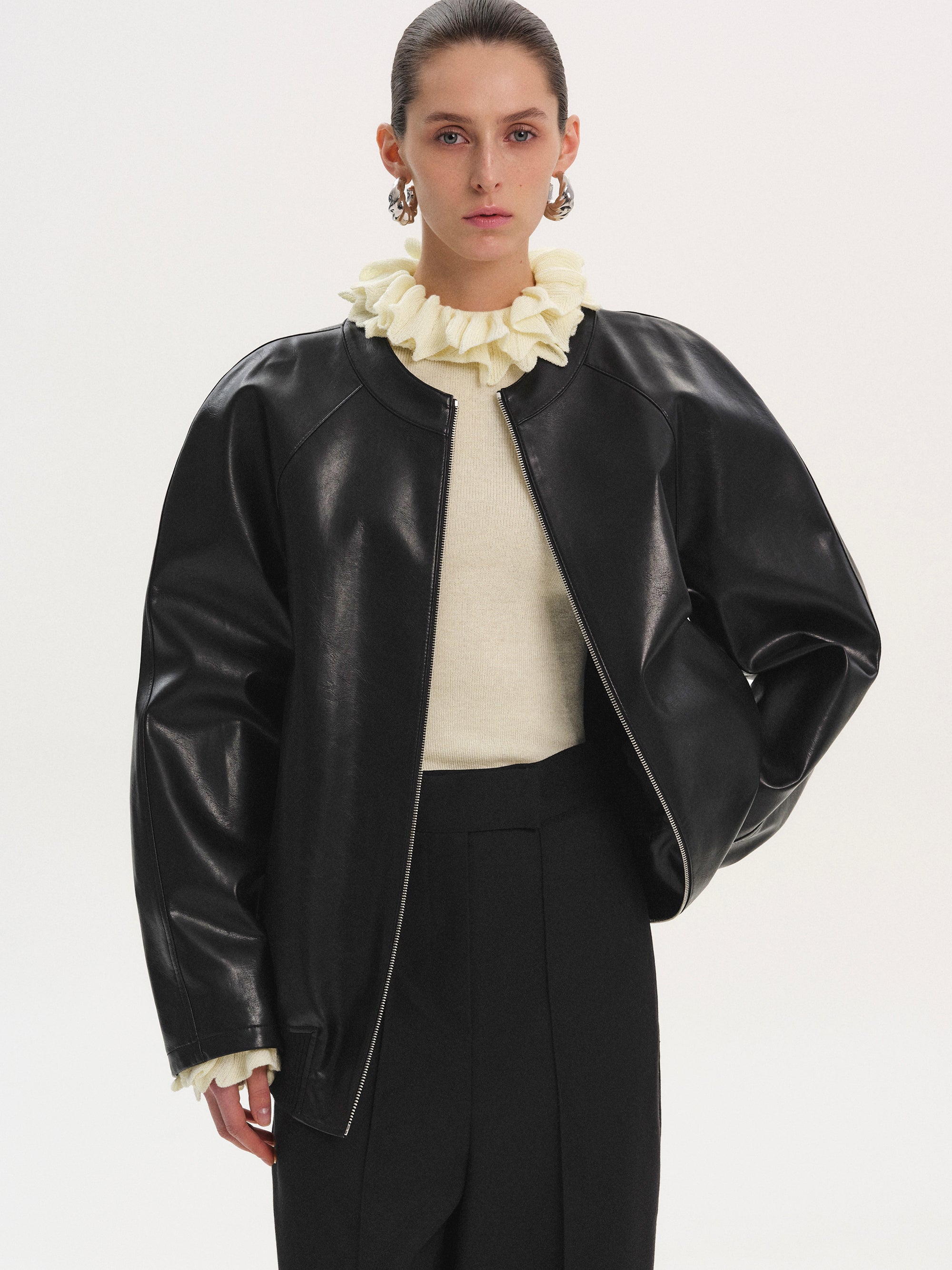 ジャケット・アウター student Fake Leather Zip Jacket Faux-Leather Zip Jacket, Black – SourceUnknown