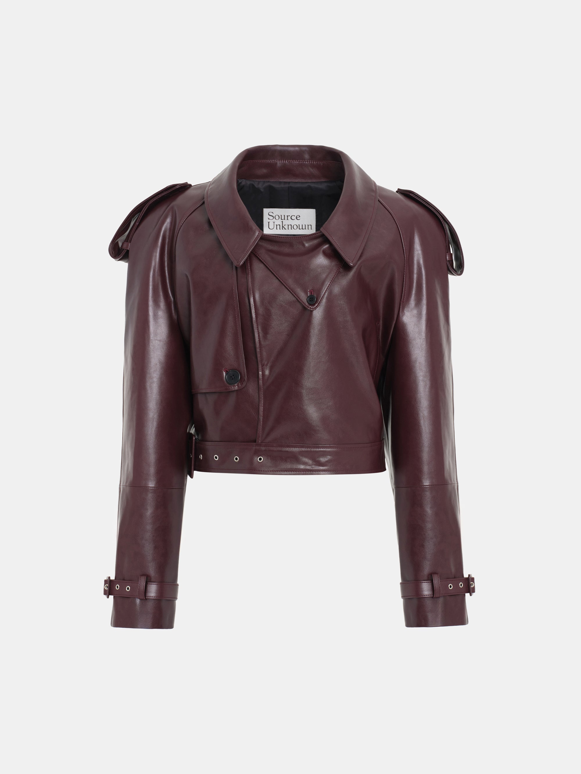 Notan Buckled Faux-Leather Cropped Jacket, Burgundy