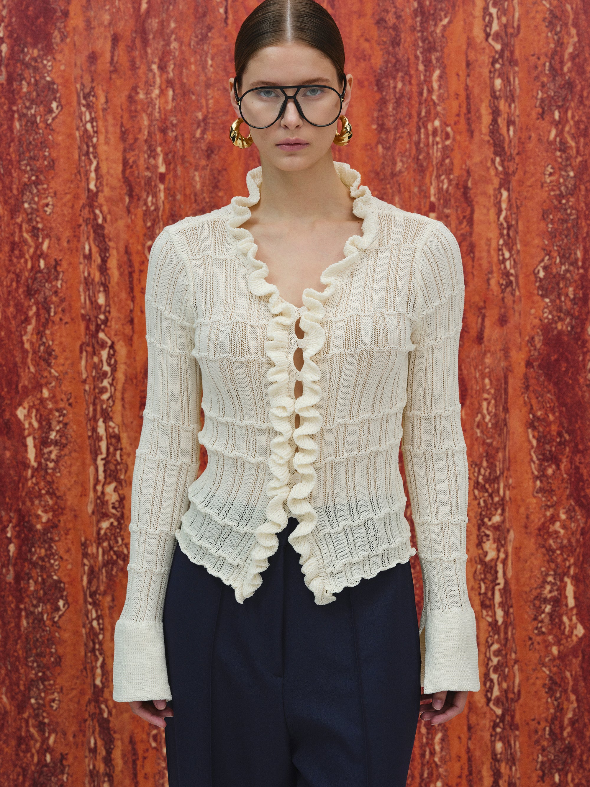 Frilled Knit Cardigan, Ivory