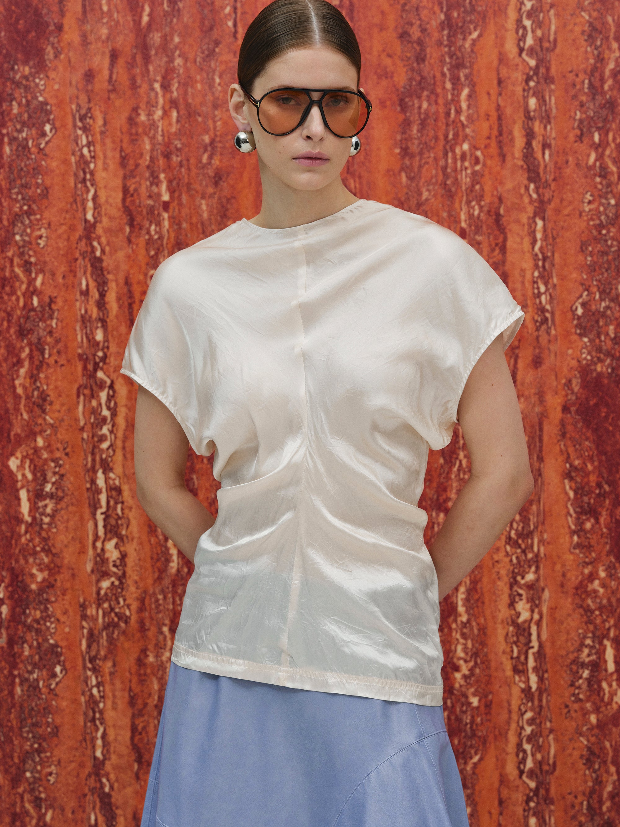 Caliga Slouch Waist Satin Top, Ivory