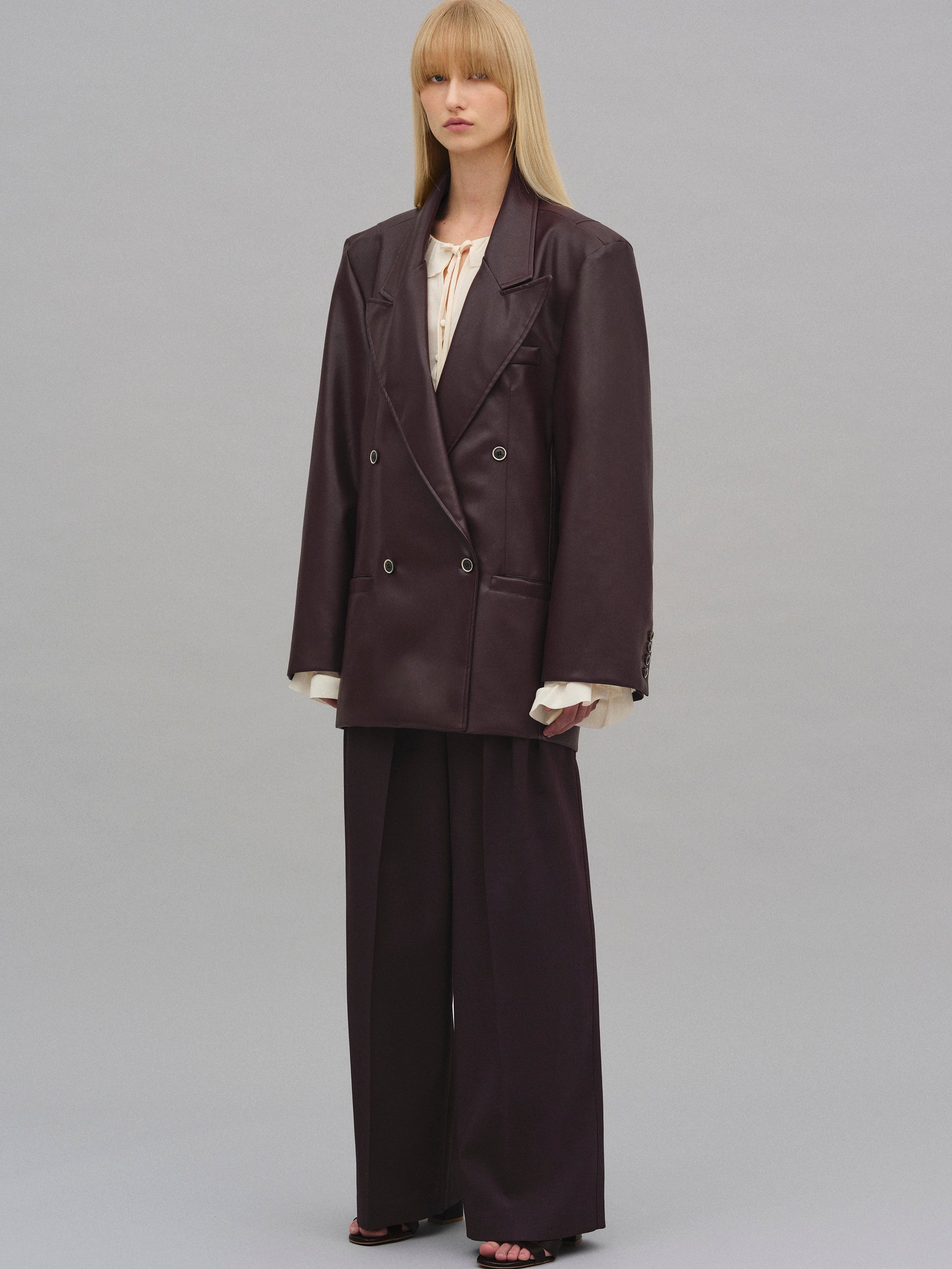 Kasos Faux Leather Double-Breasted Blazer, Brown