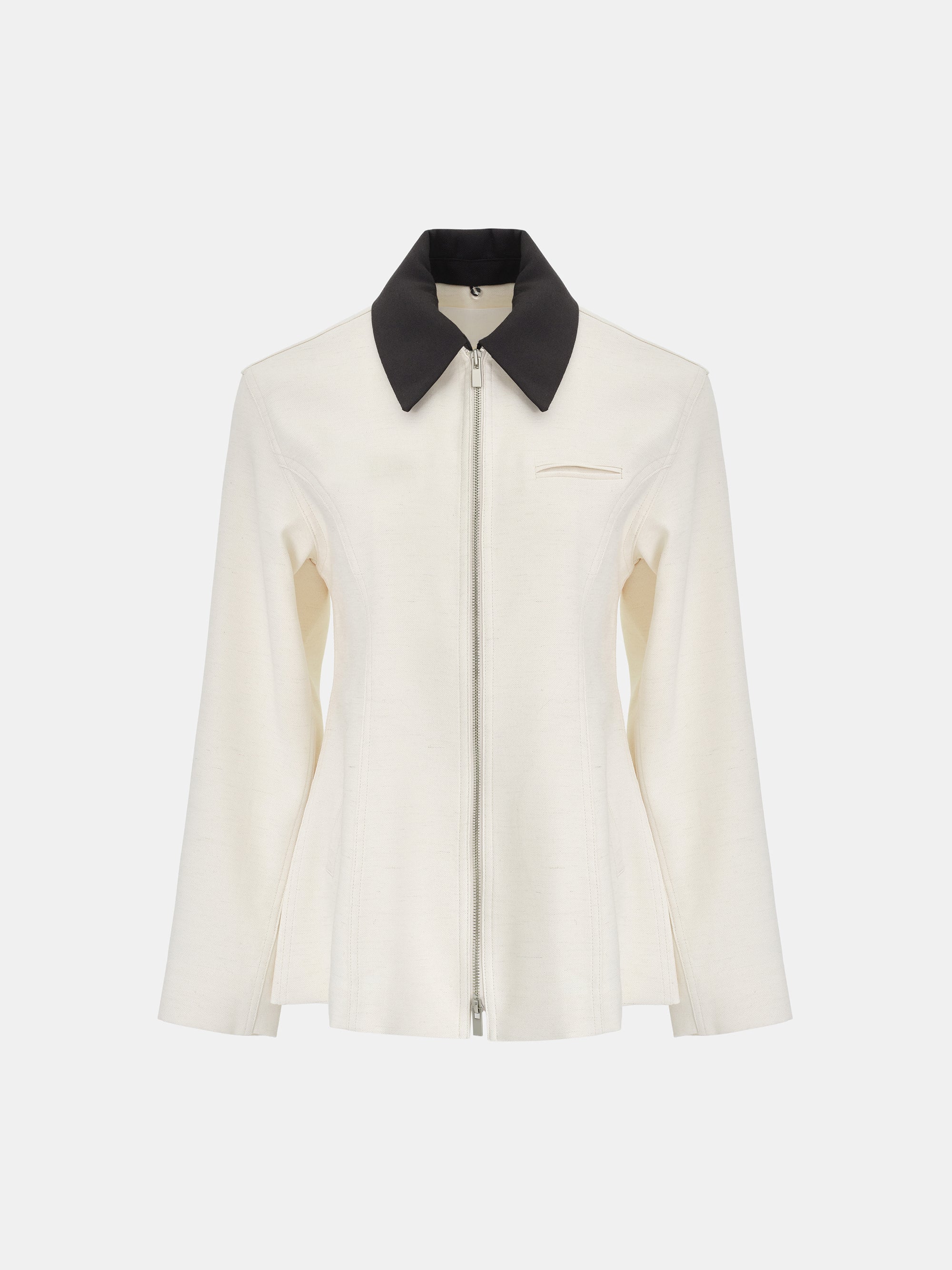 Contrast-Collar Zip Jacket, Ivory