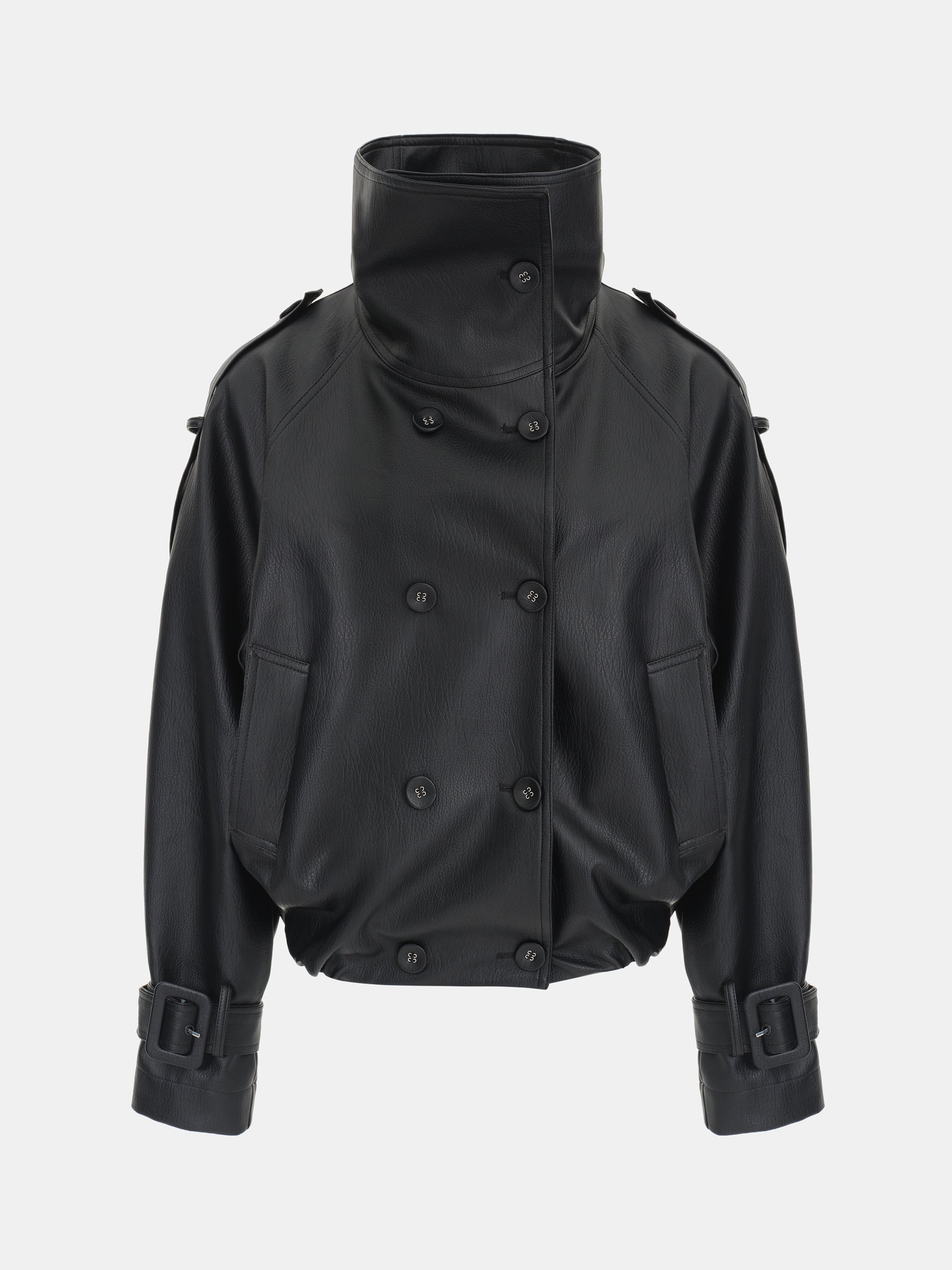 Funnel-Neck Faux-Leather Jacket, Black