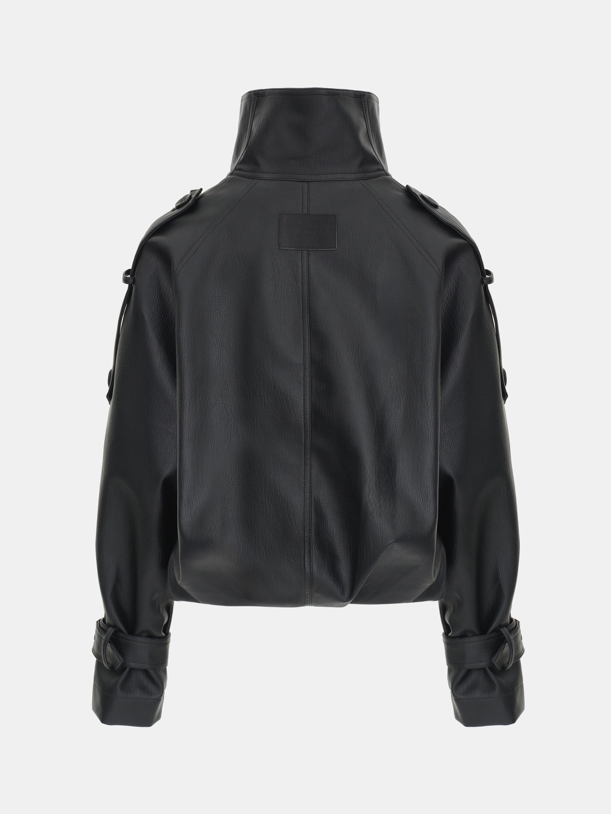 Funnel-Neck Faux-Leather Jacket, Black