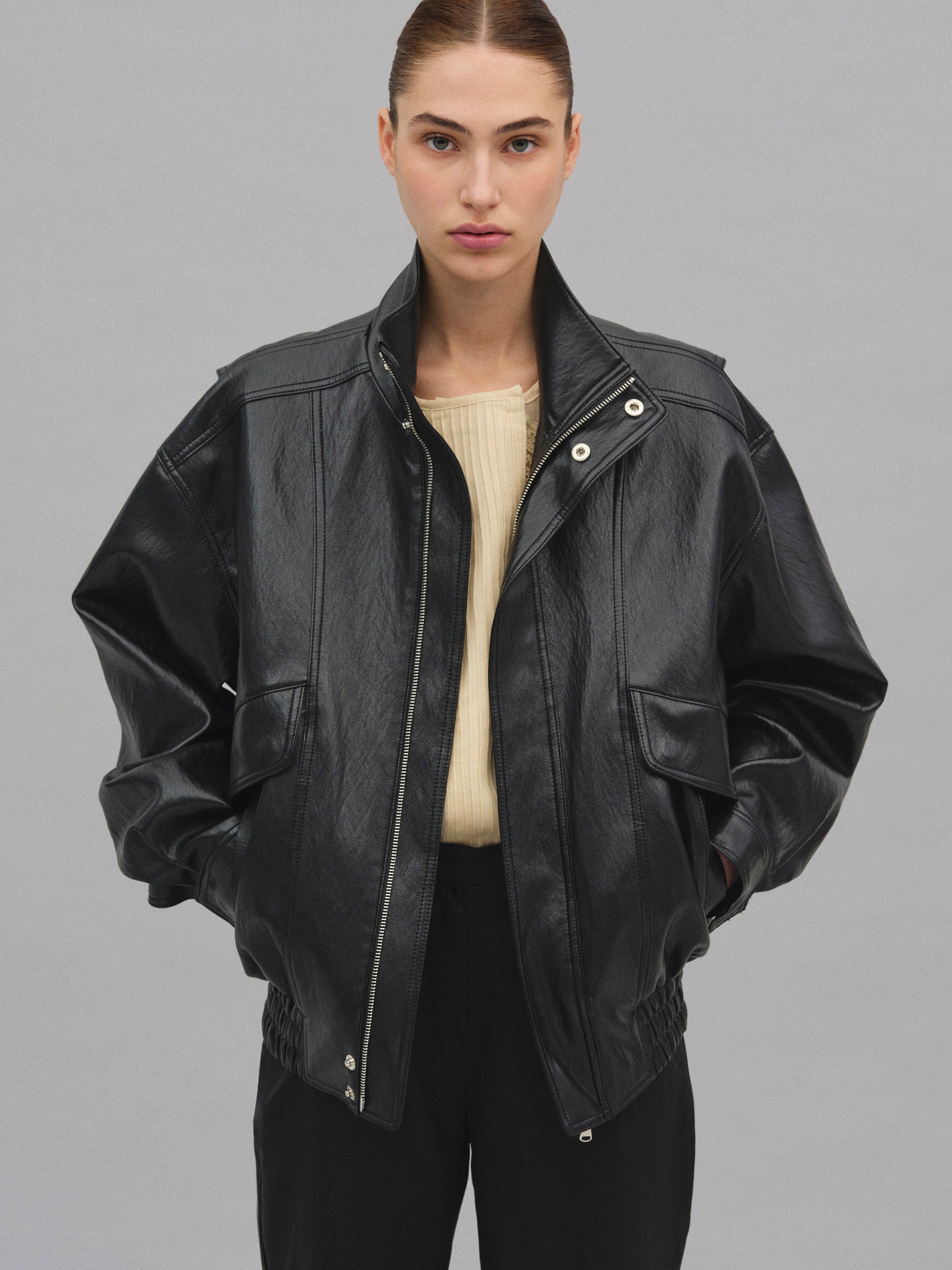 ジャケット・アウター solid short fake leather bomber jacket solid fake leather short bomber jacket
