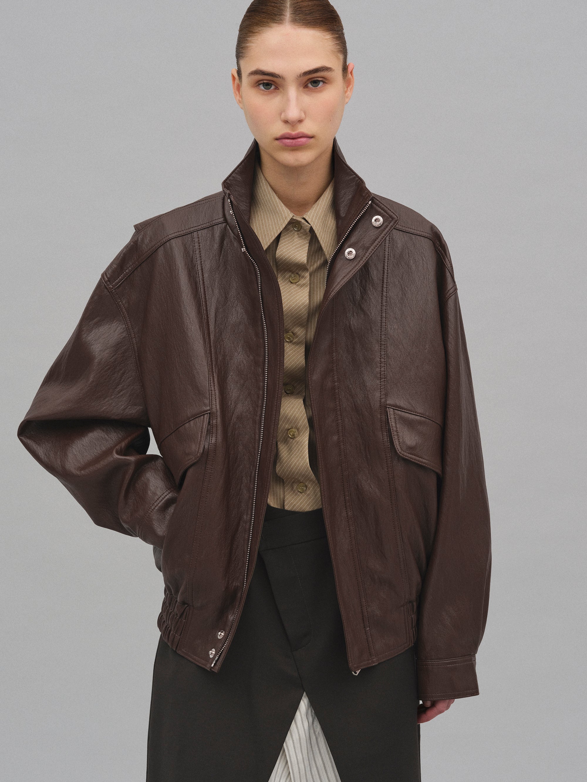 Silva Faux Leather Bomber Jacket, Brown