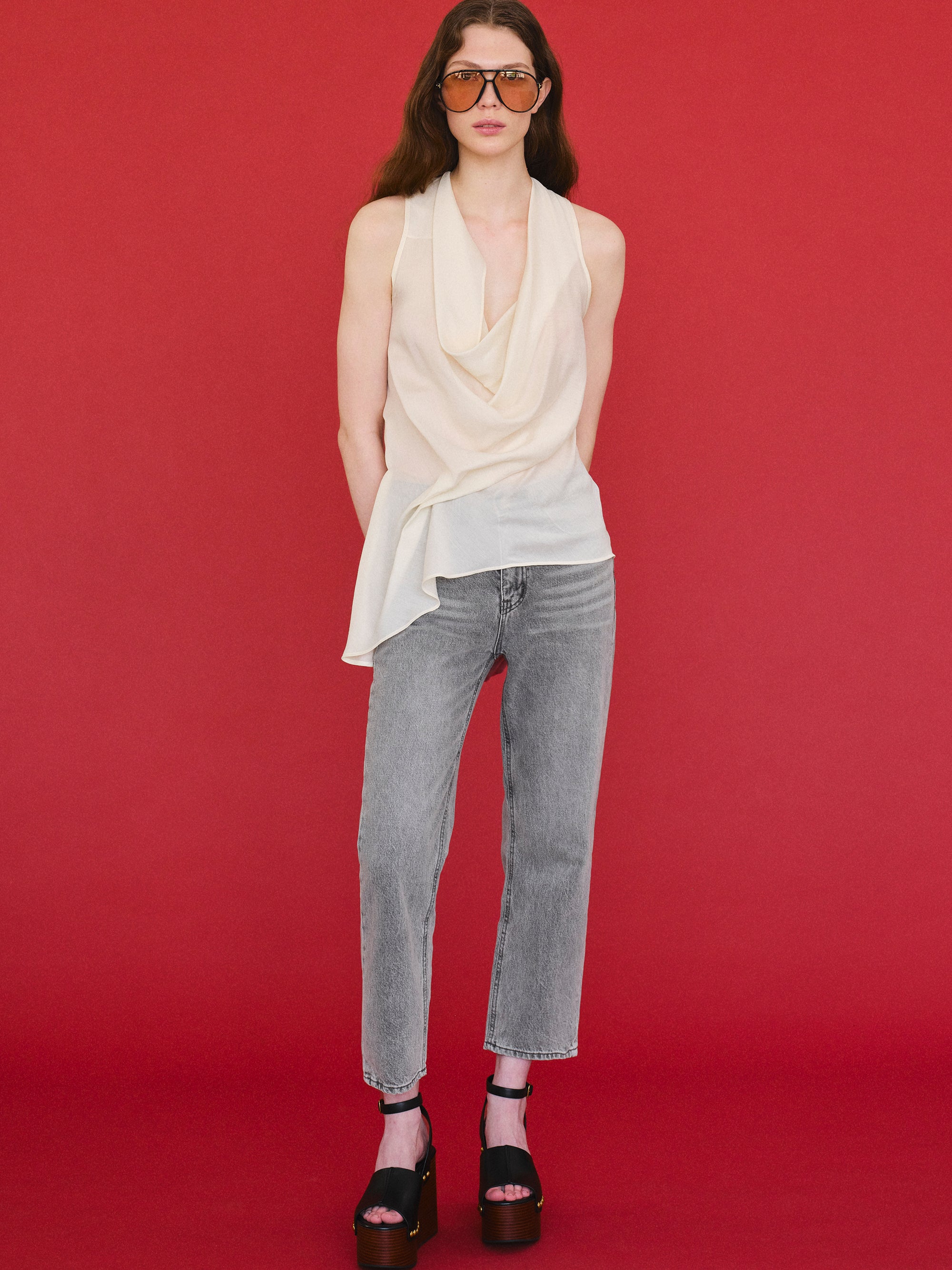 Tomi Asymmetrical Drape Satin Top, Ivory