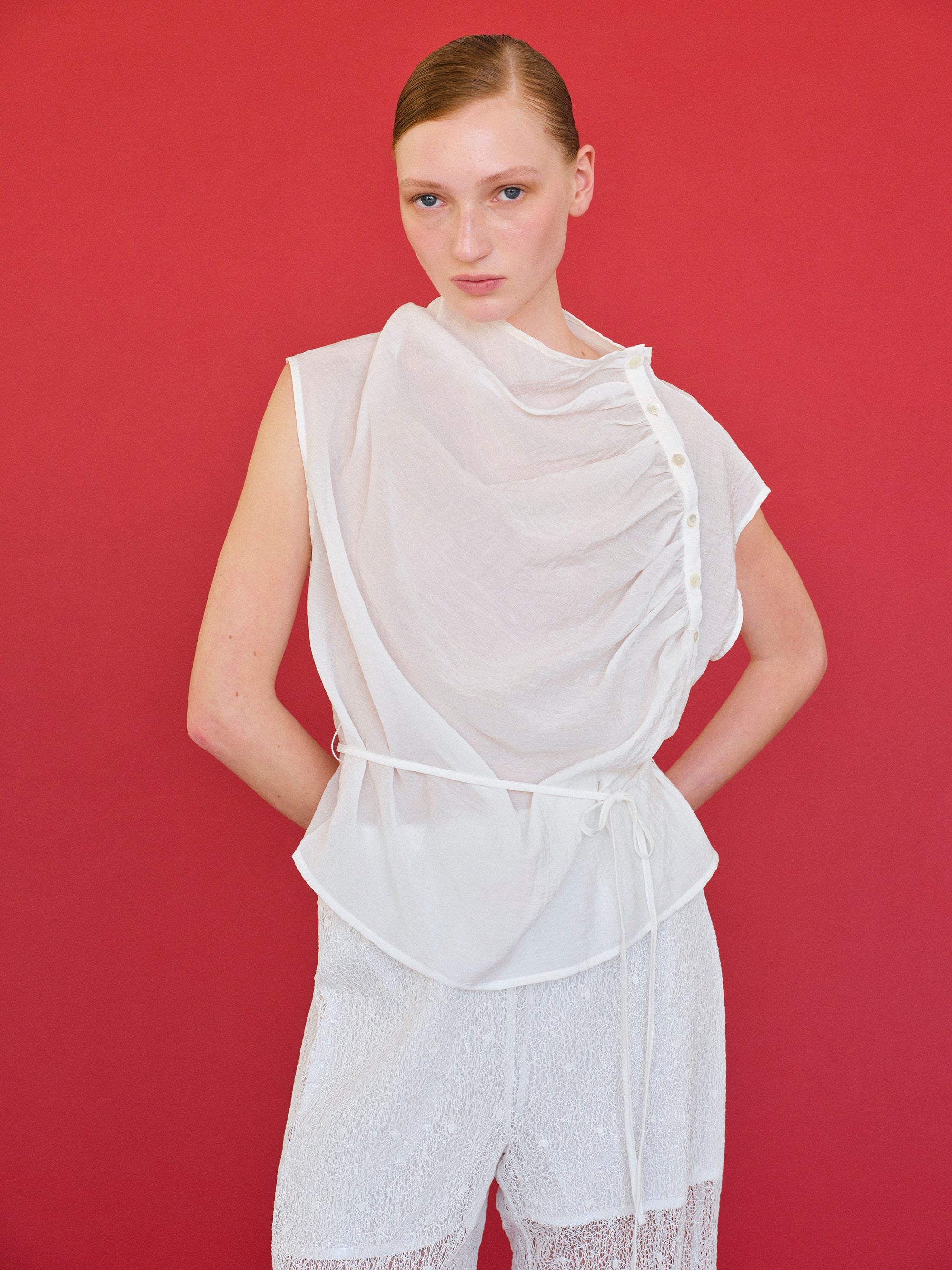 Delphi Draped Sash Top, White