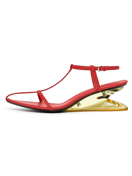 (Pre-order) Oval T-Strap Wedge Sandals, Red