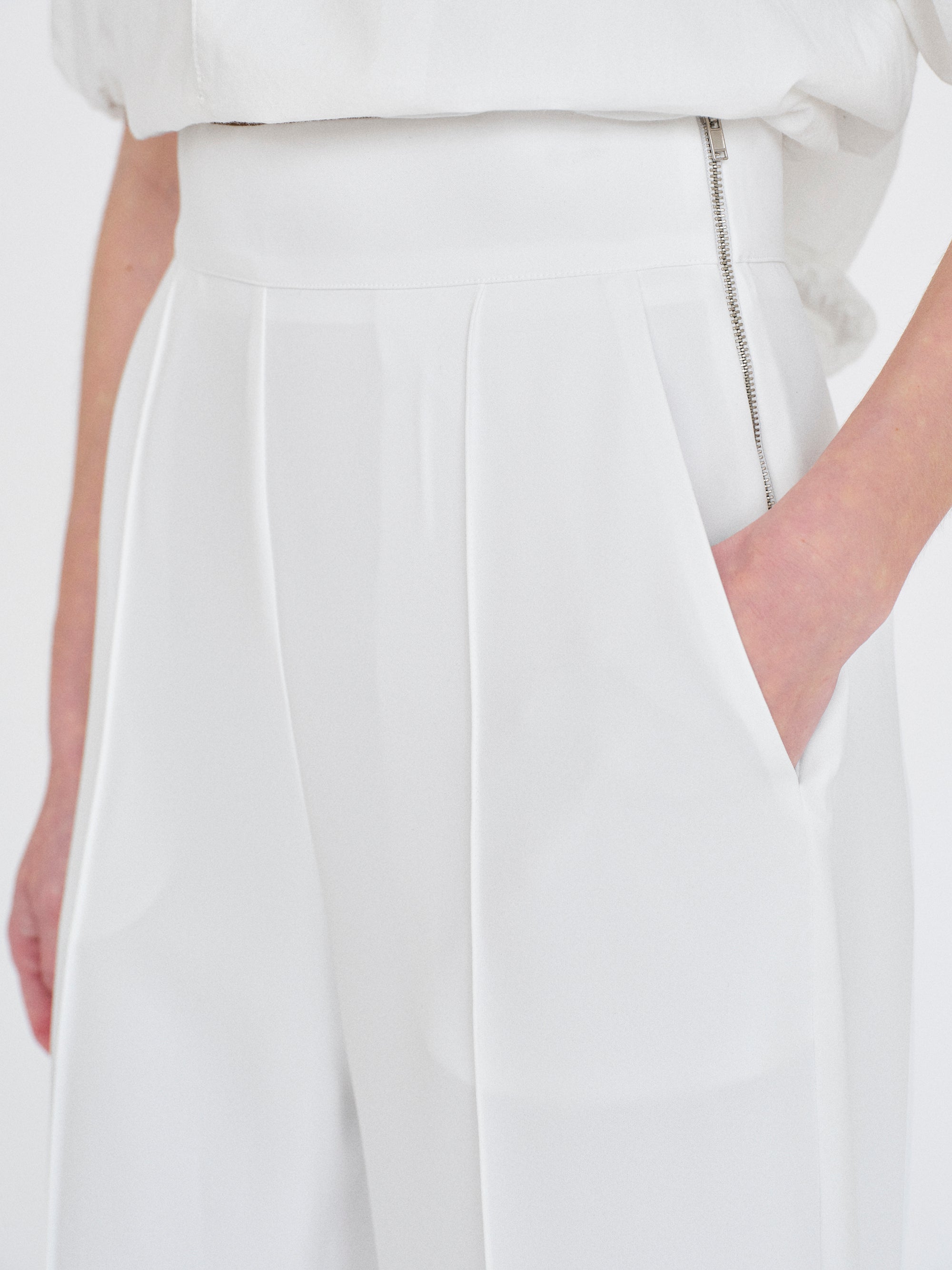 High-Waisted Crepe Pants, White