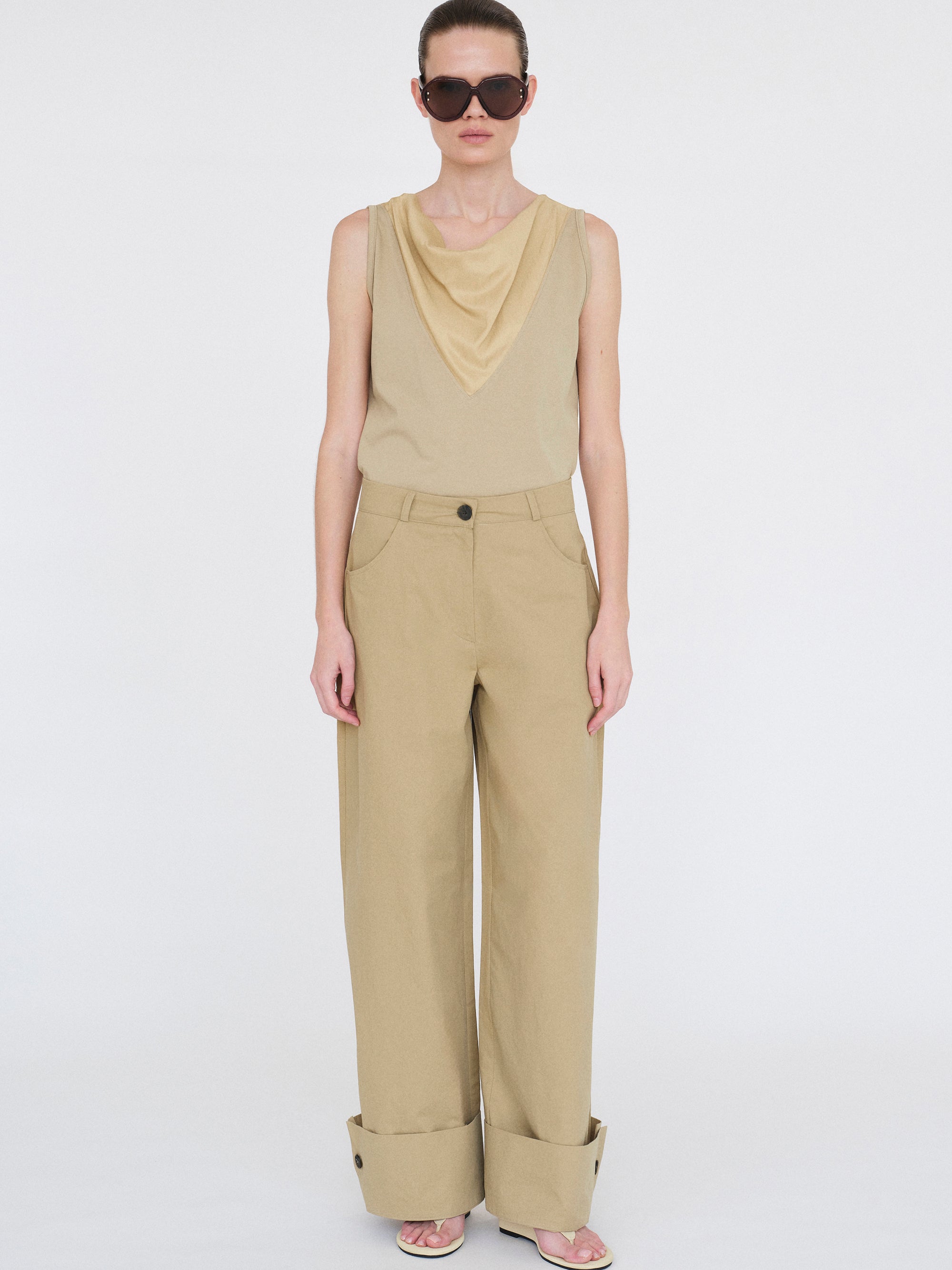 Cuffed Wide-Leg Trousers, Beige