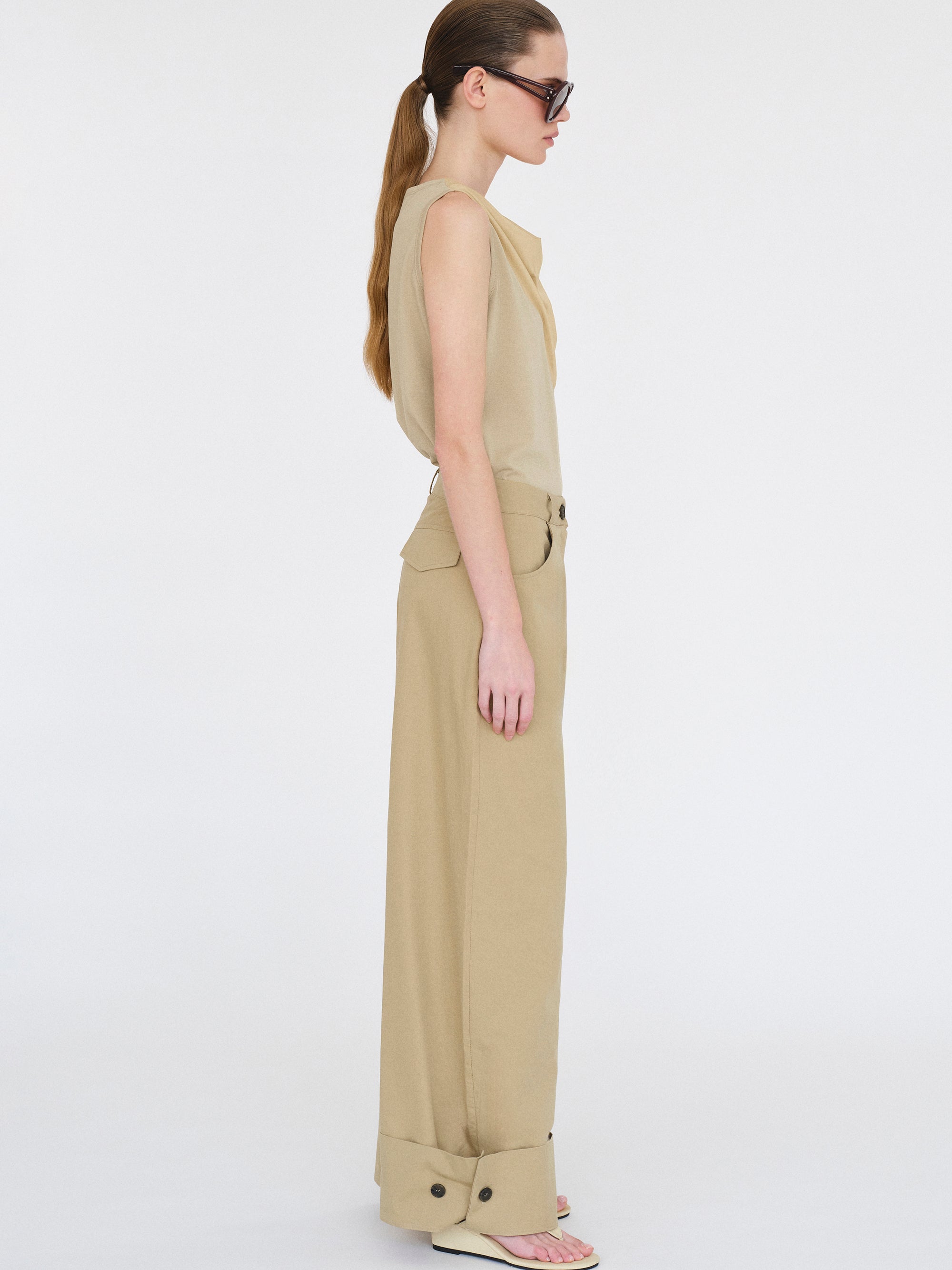 Cuffed Wide-Leg Trousers, Beige