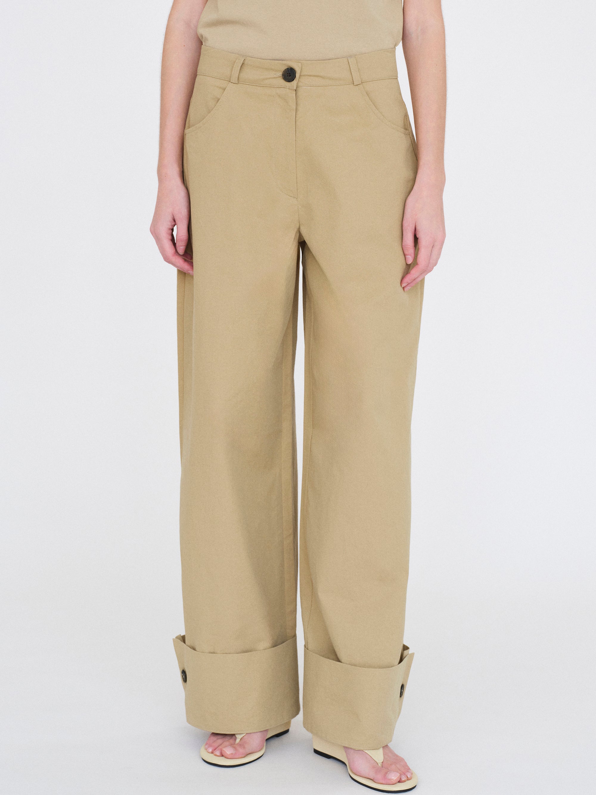 Cuffed Wide-Leg Trousers, Beige