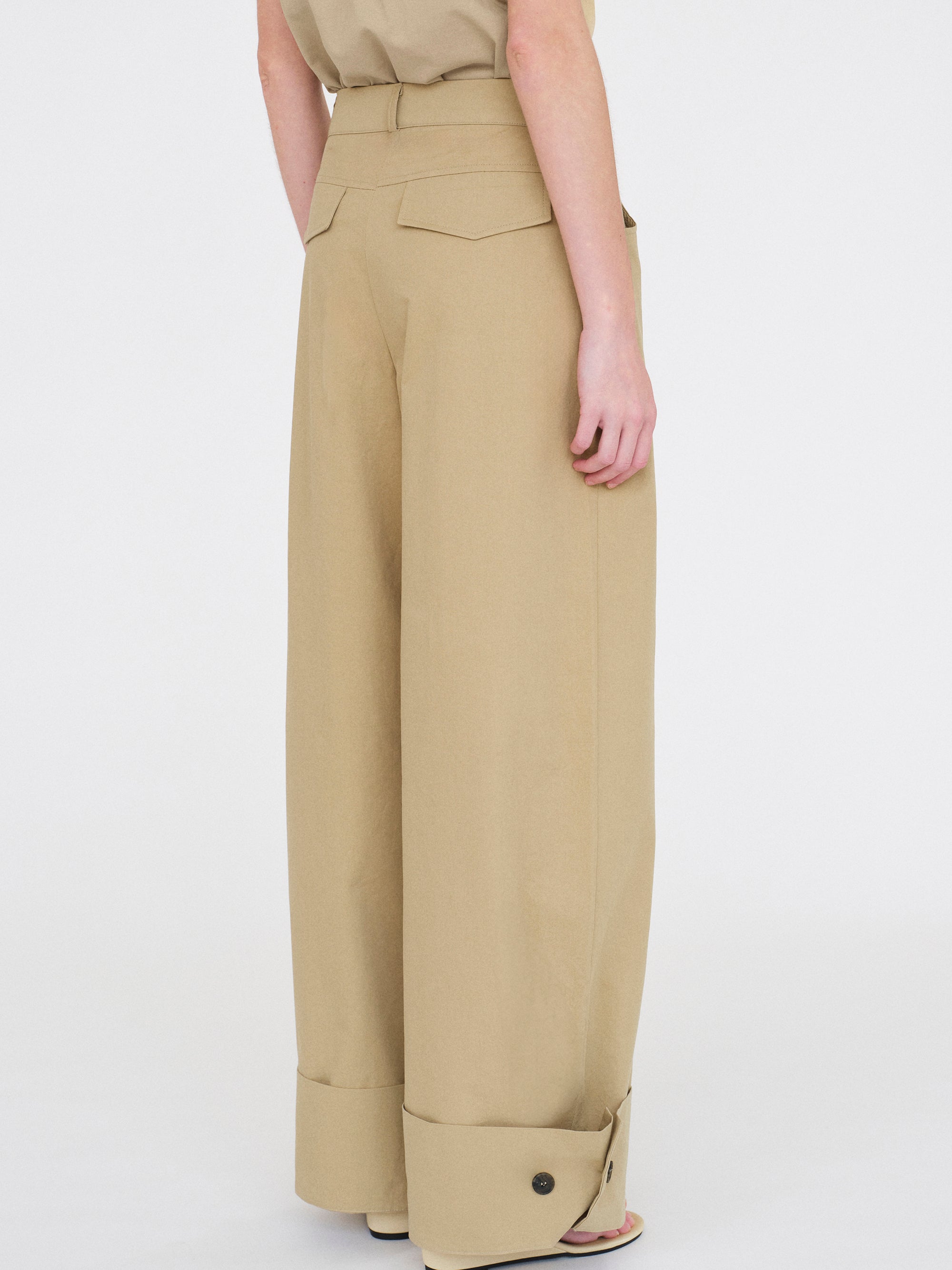 Cuffed Wide-Leg Trousers, Beige