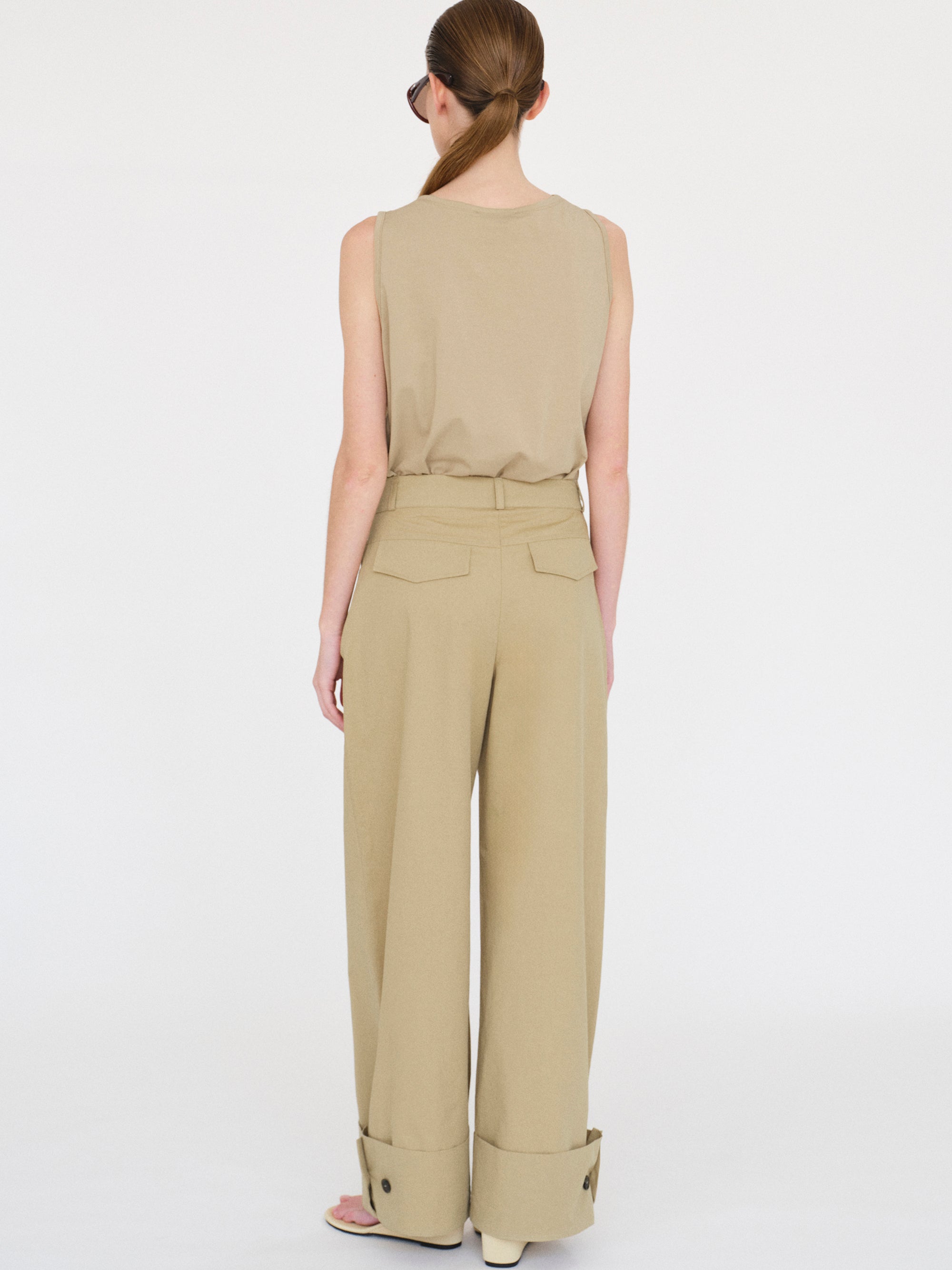 Cuffed Wide-Leg Trousers, Beige