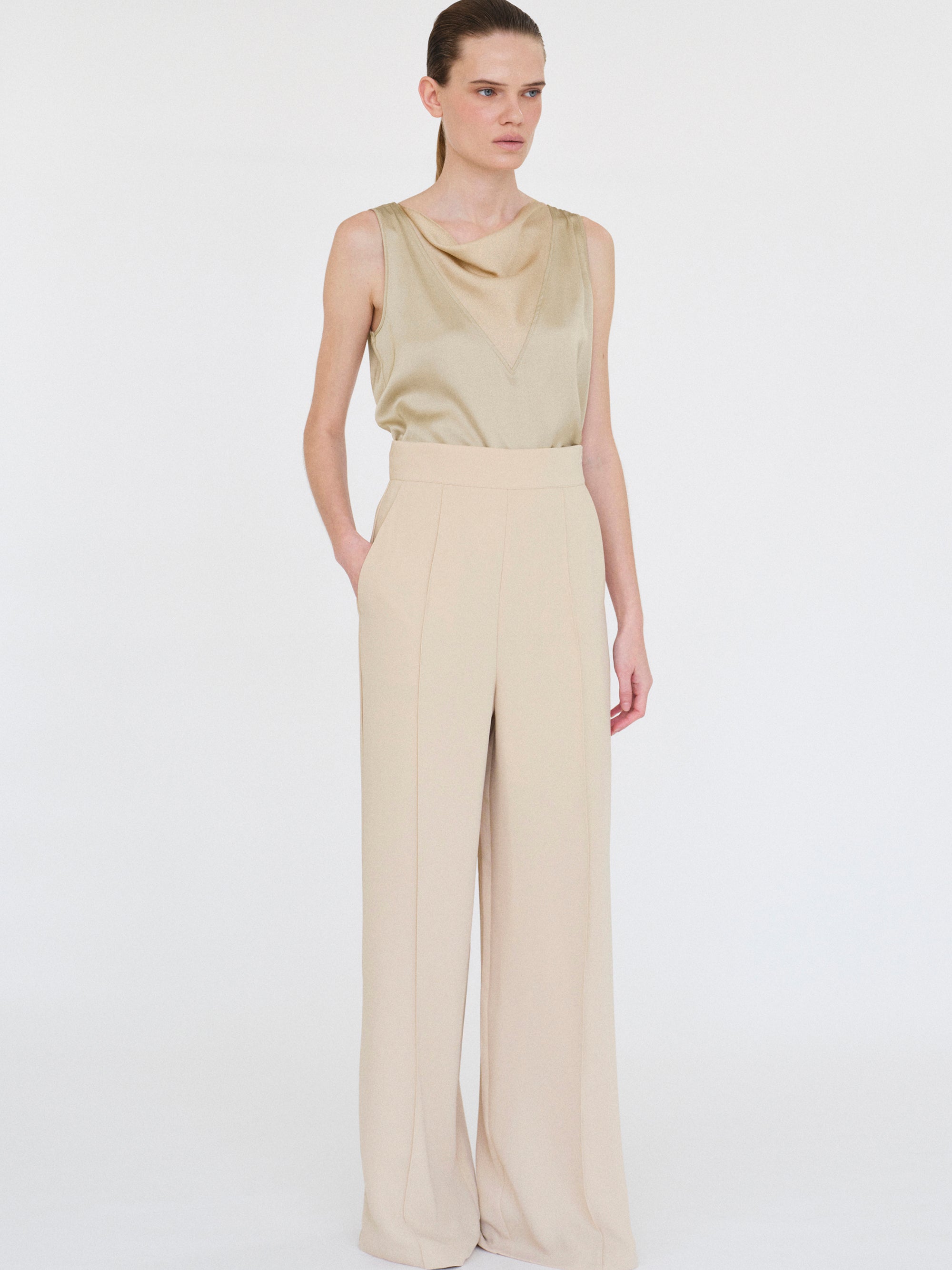 High-Waisted Crepe Pants, Mushroom