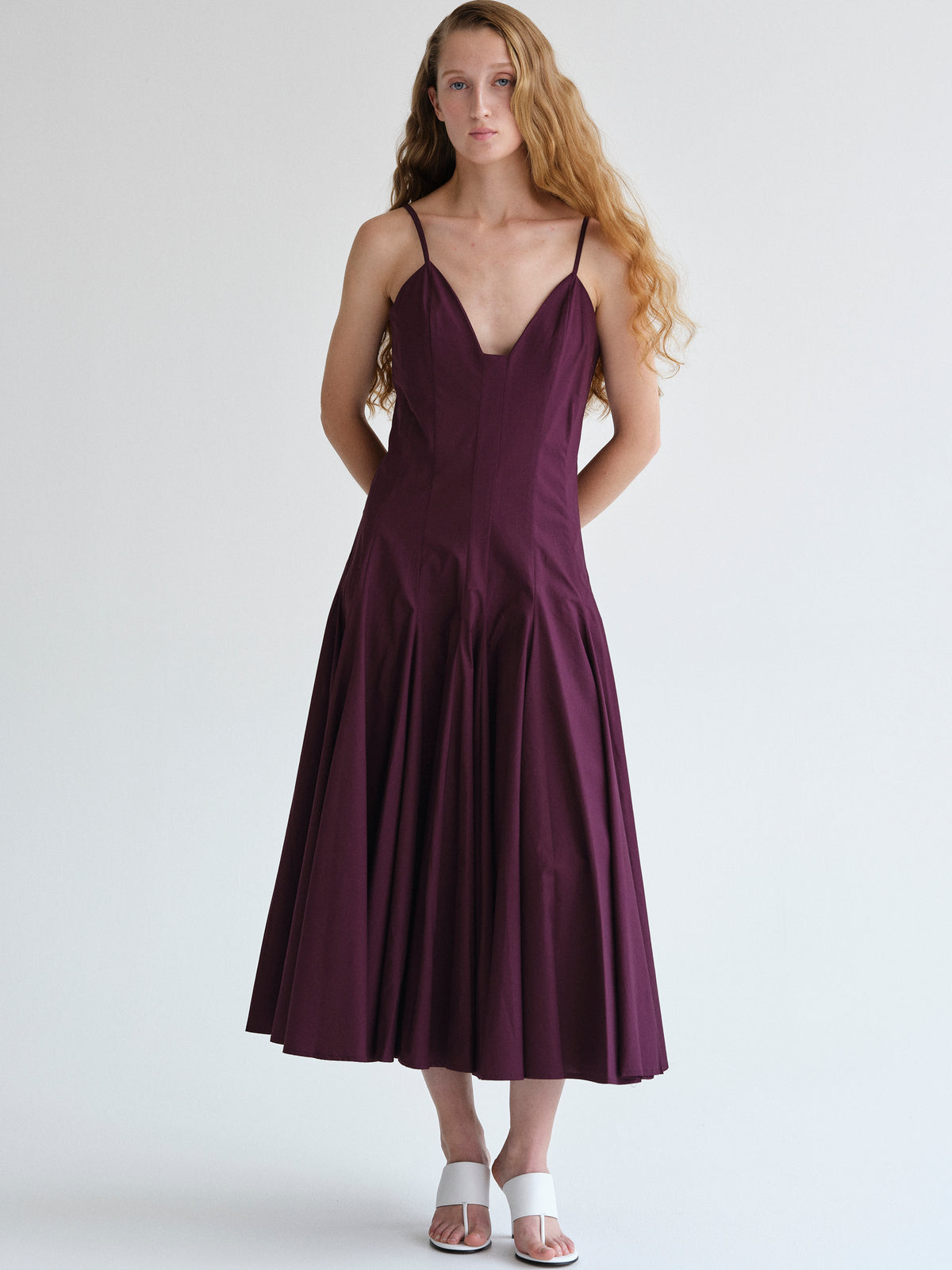 Owen Pleated Strap Dress, Wine