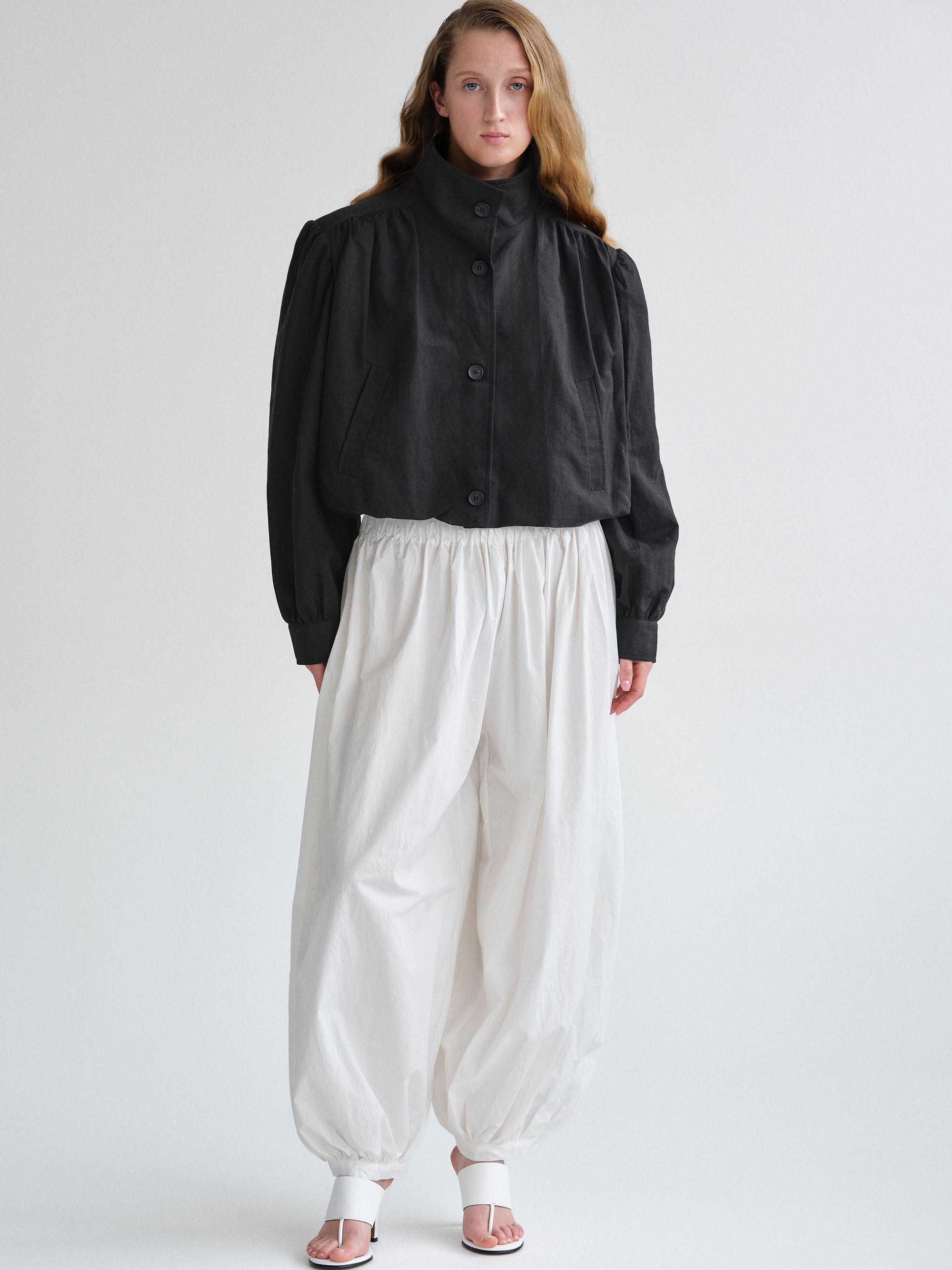 Ruched Linen Bomber, Black