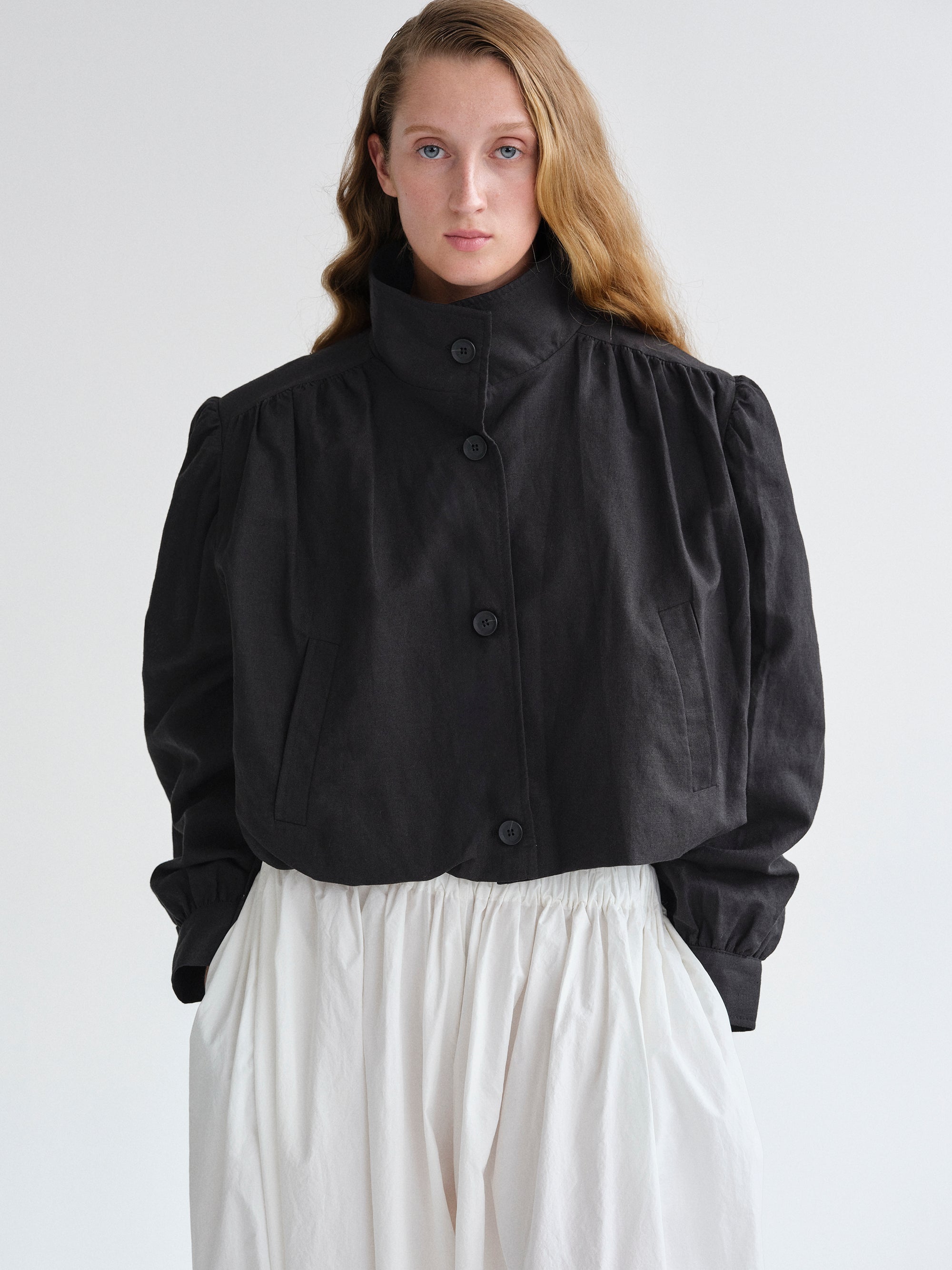 Ruched Linen Bomber, Black