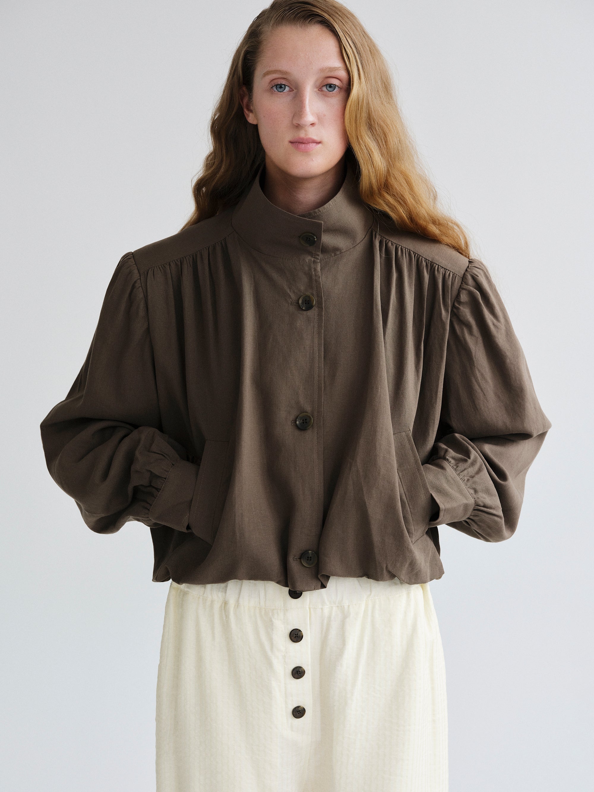 Ruched Linen Bomber, Brown