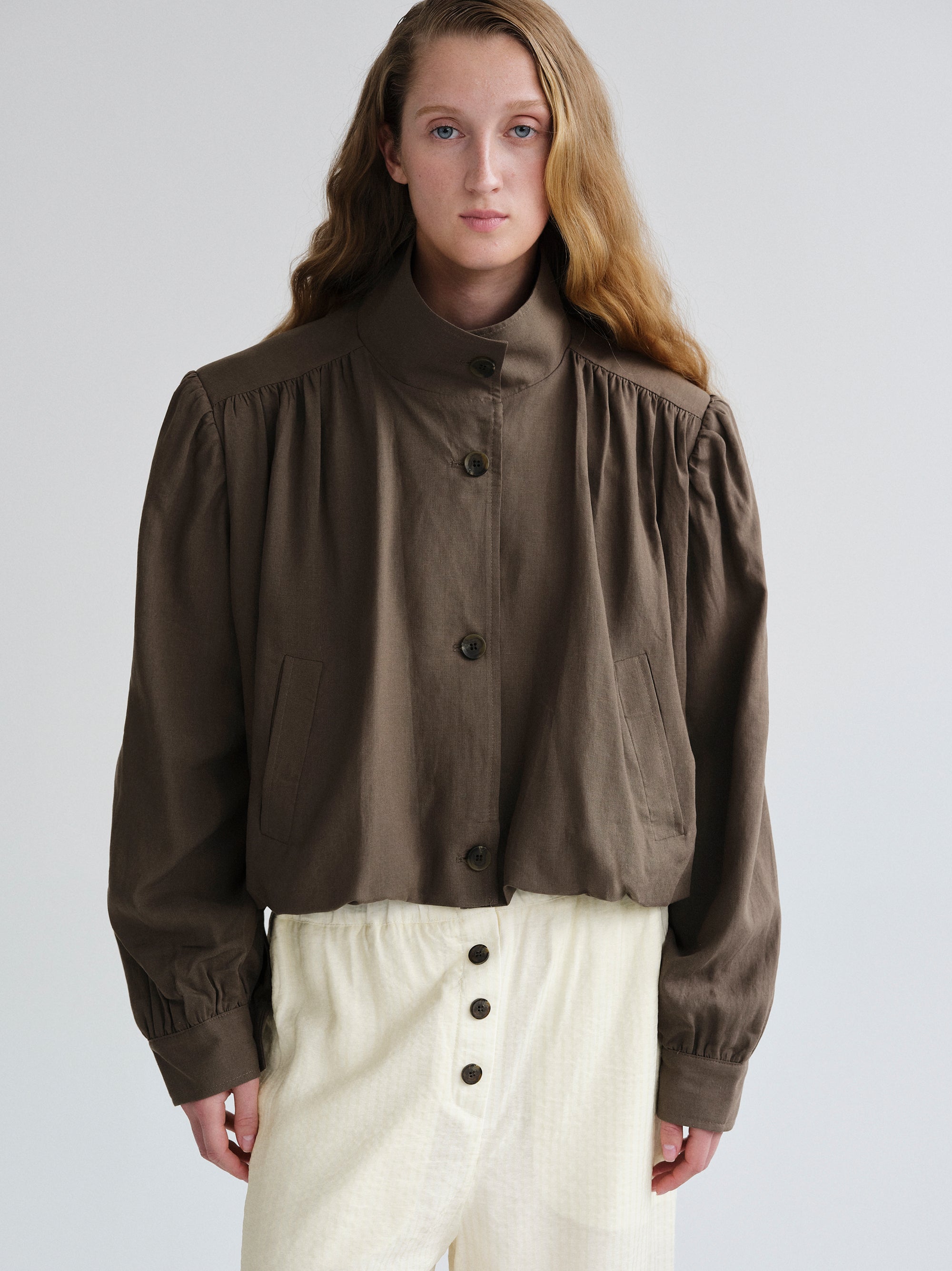 Ruched Linen Bomber, Brown