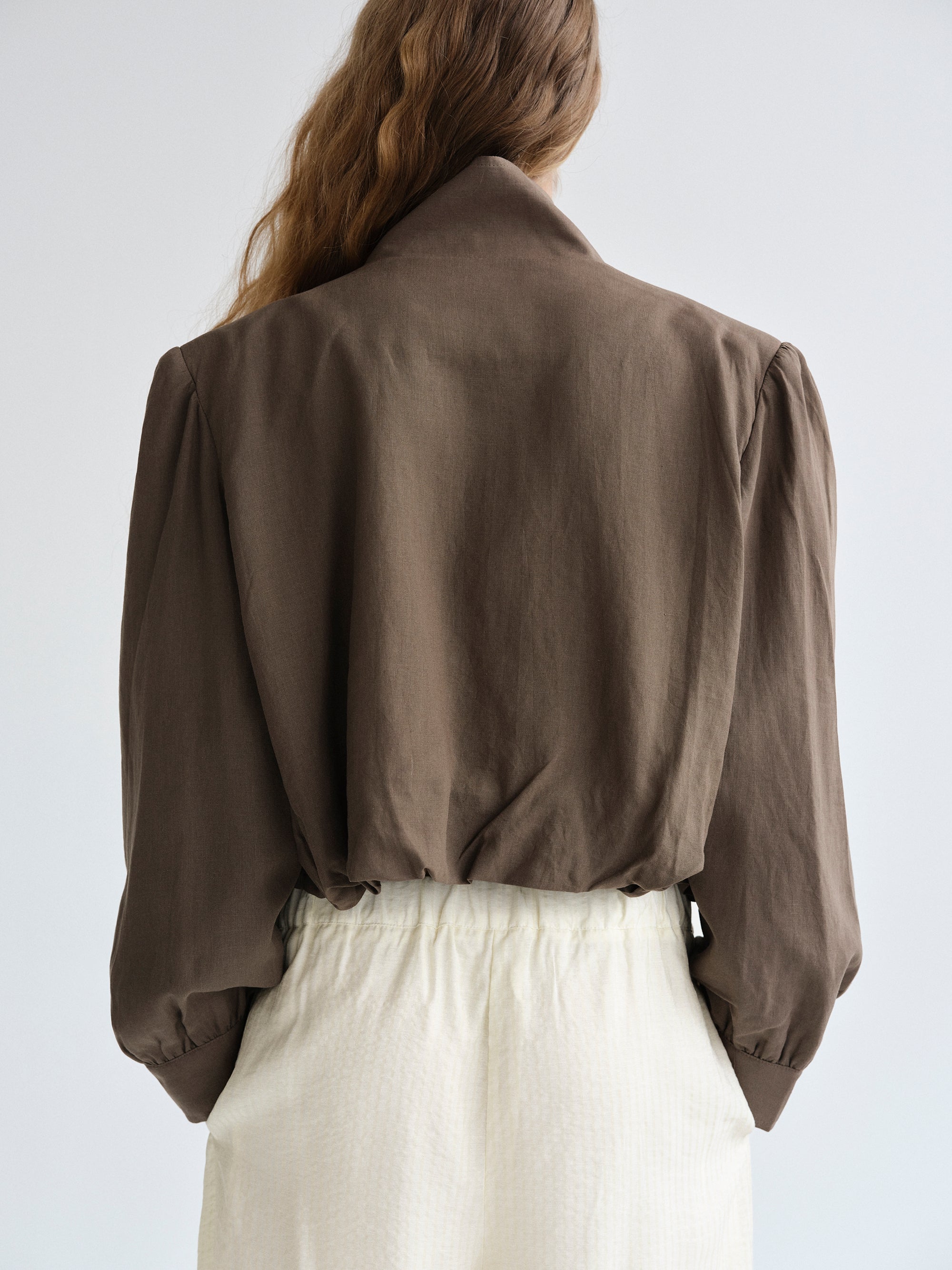 Ruched Linen Bomber, Brown