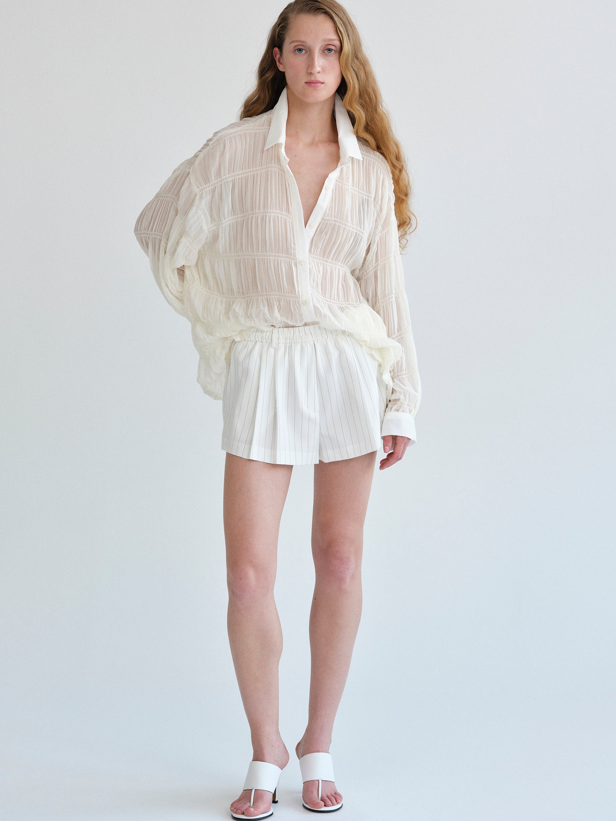 Plisse Sheer Shirt, Ivory