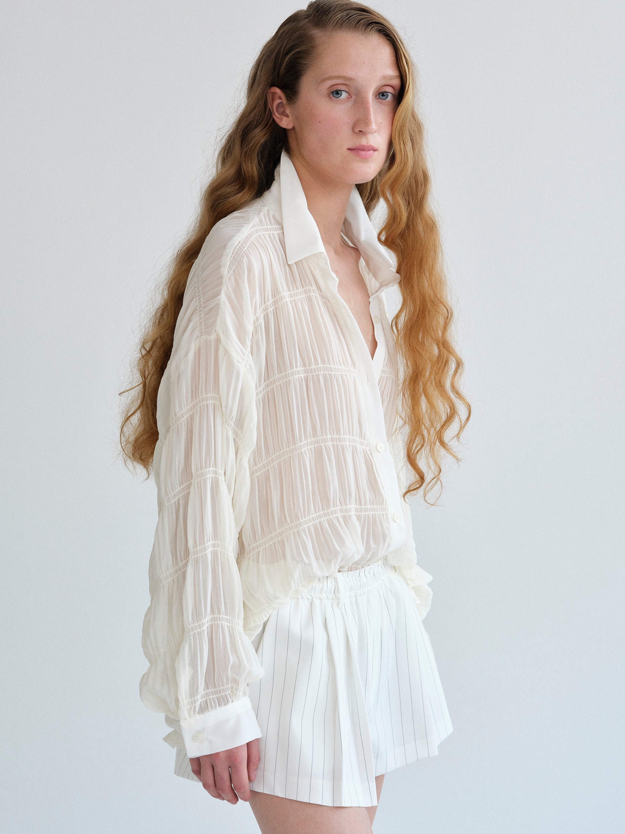 Plisse Sheer Shirt, Ivory