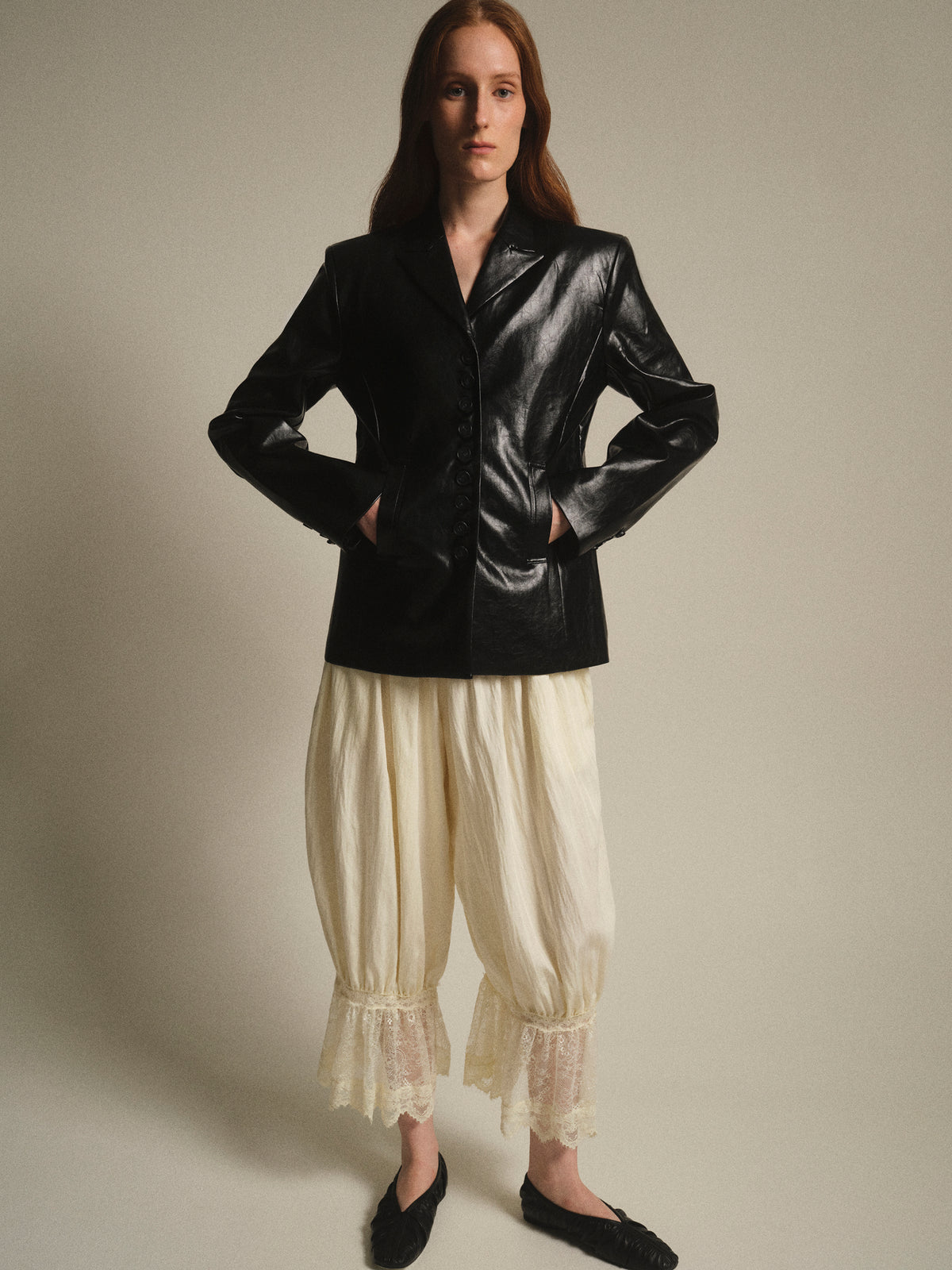 Edmont Fitted Faux-Leather Blazer, Black