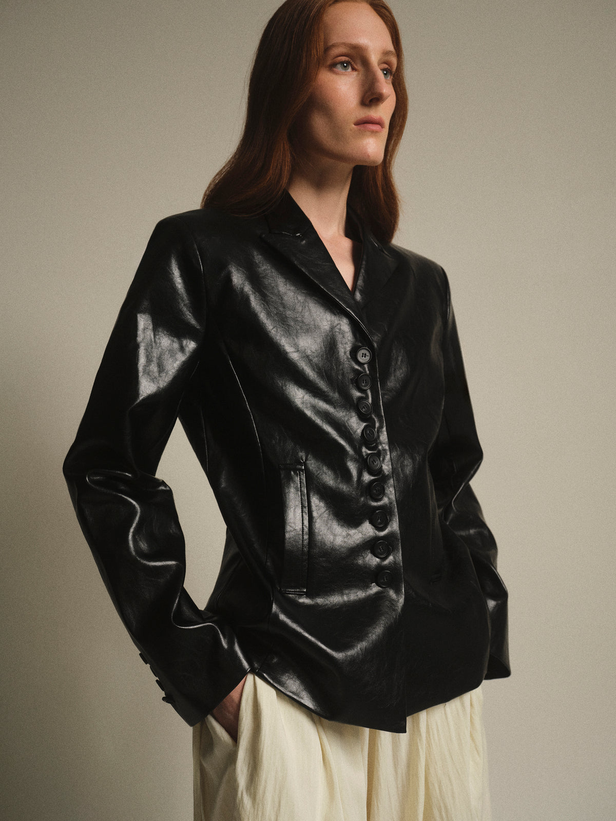 Edmont Fitted Faux-Leather Blazer, Black