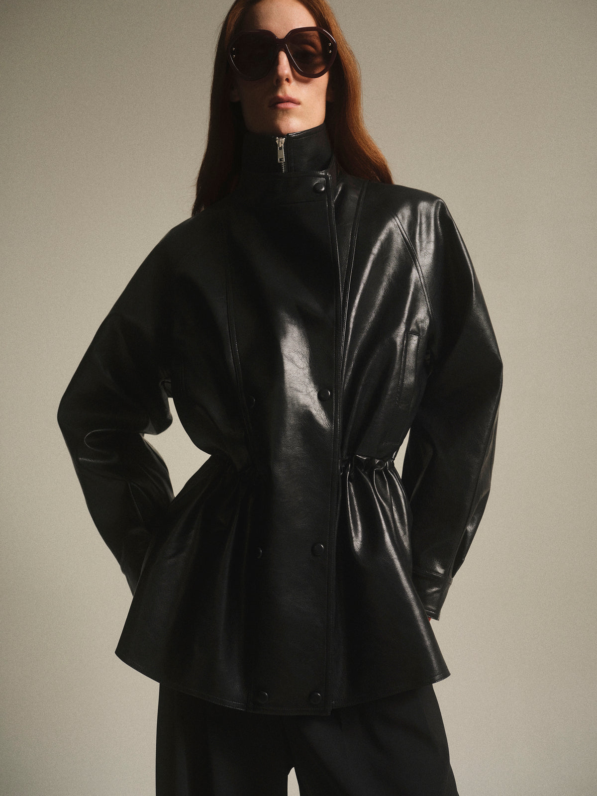 Veda High Collar Faux-Leather Jacket, Black