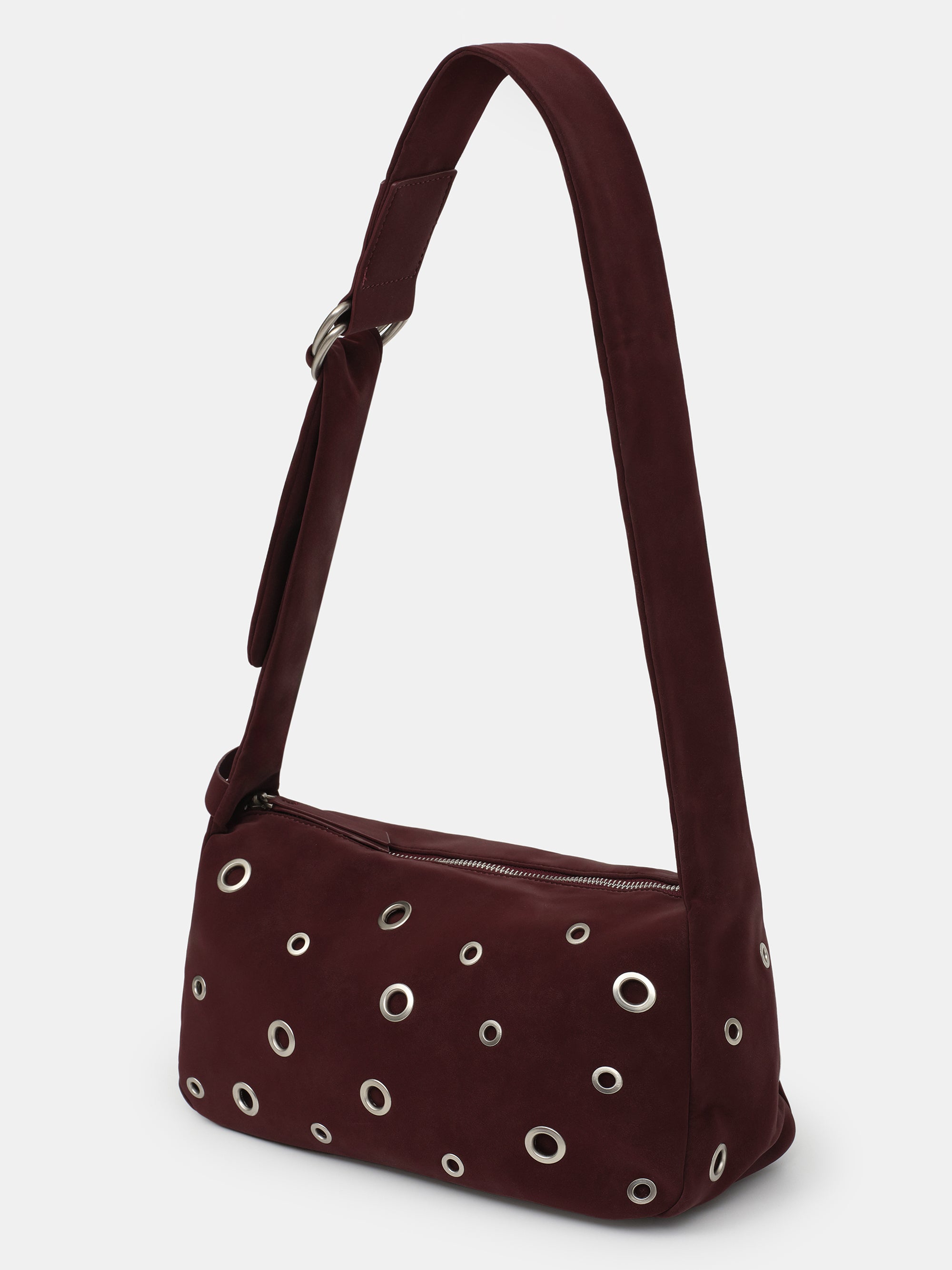 Studded Faux Suede Shoulder Bag, Burgundy