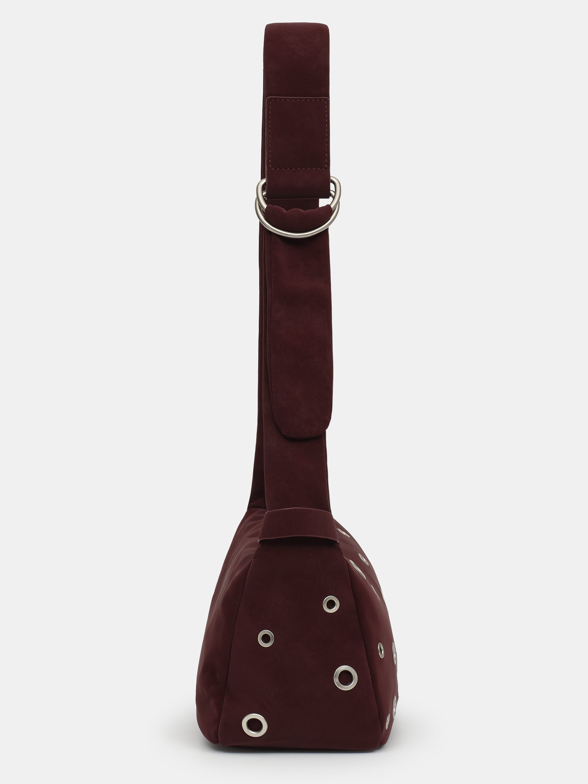 Studded Faux Suede Shoulder Bag, Burgundy