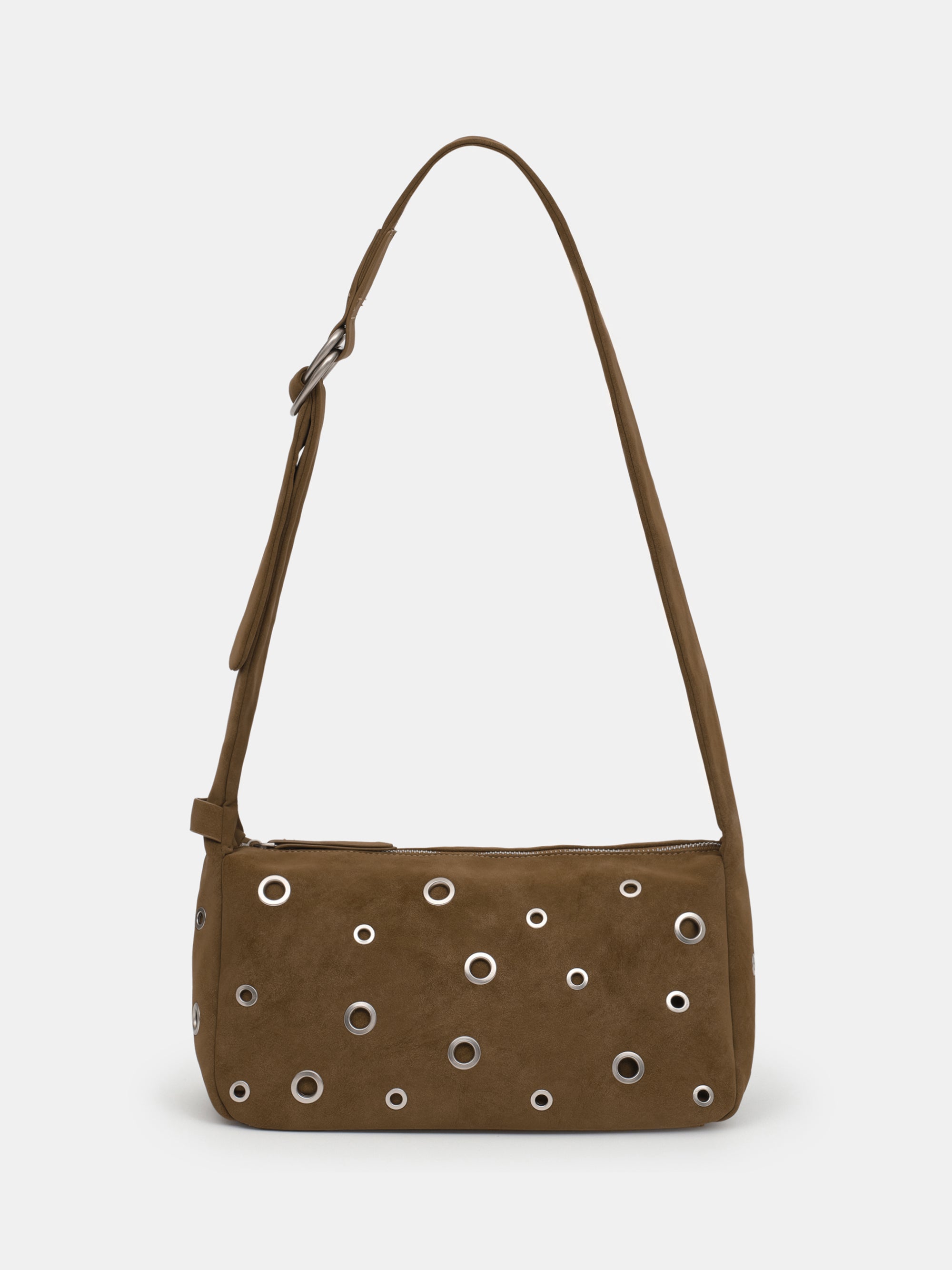 Studded Faux Suede Shoulder Bag, Camel