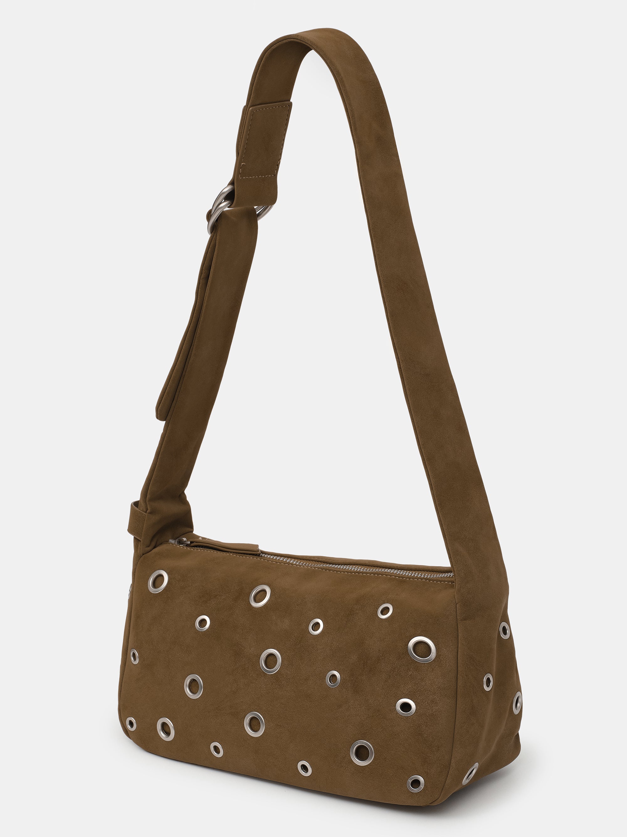 Studded Faux Suede Shoulder Bag, Camel