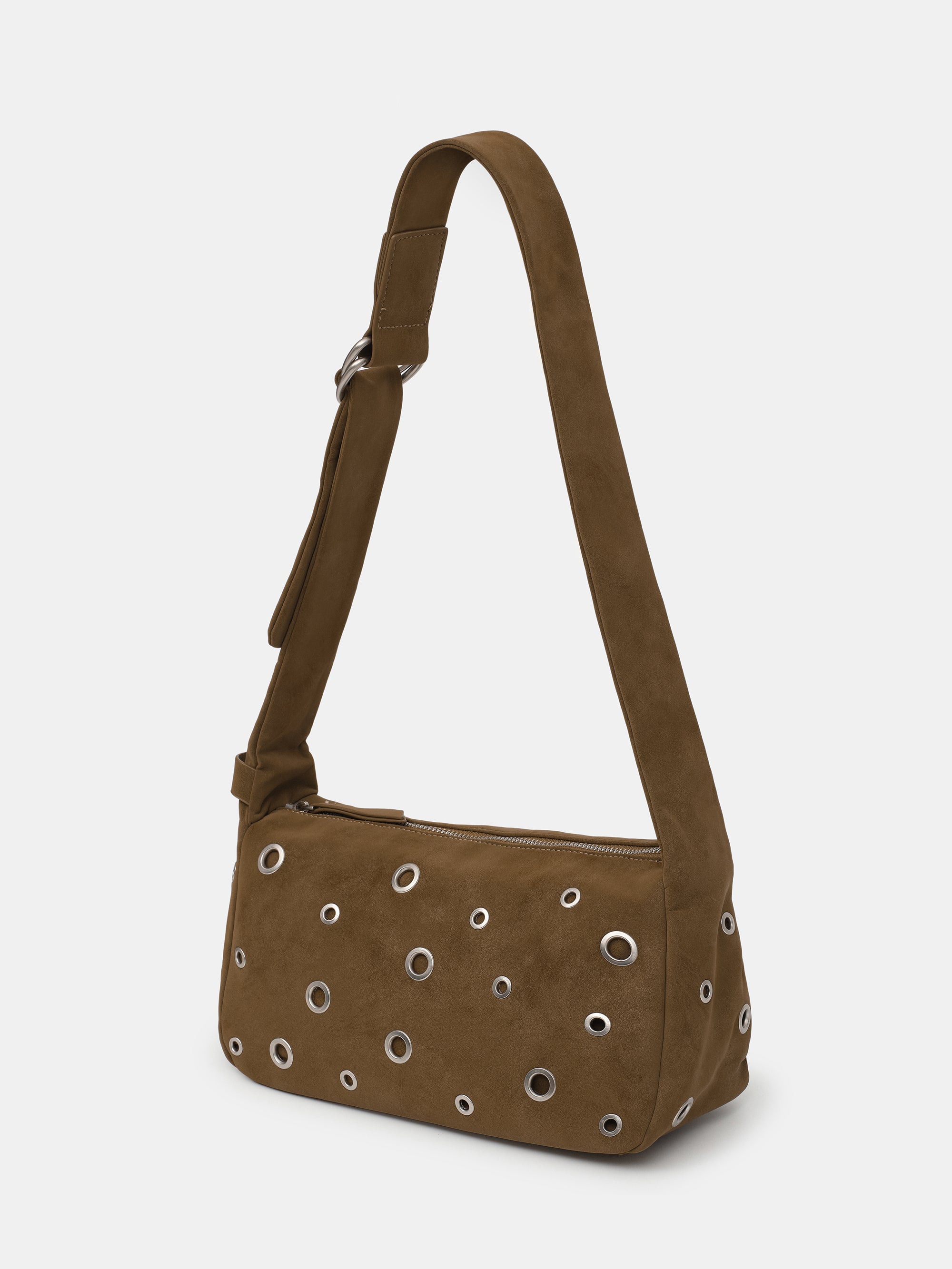 Studded Faux Suede Shoulder Bag, Camel