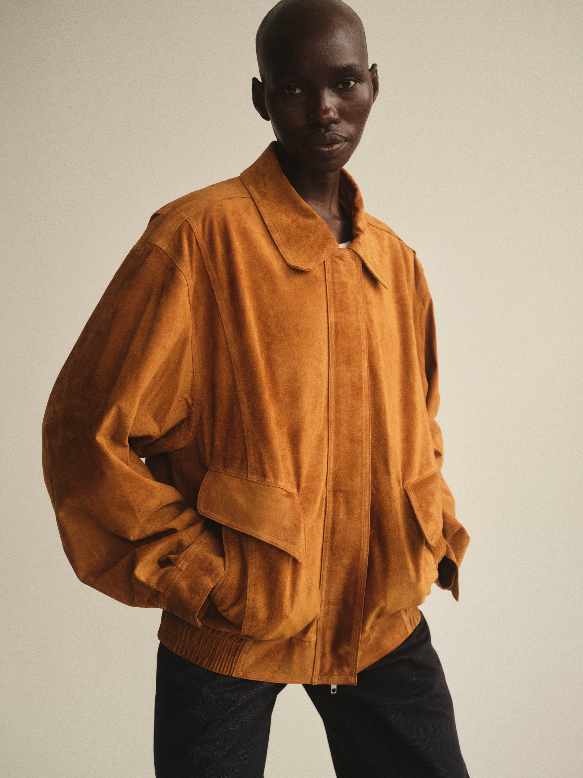 Suede Bomber Jacket, Cognac