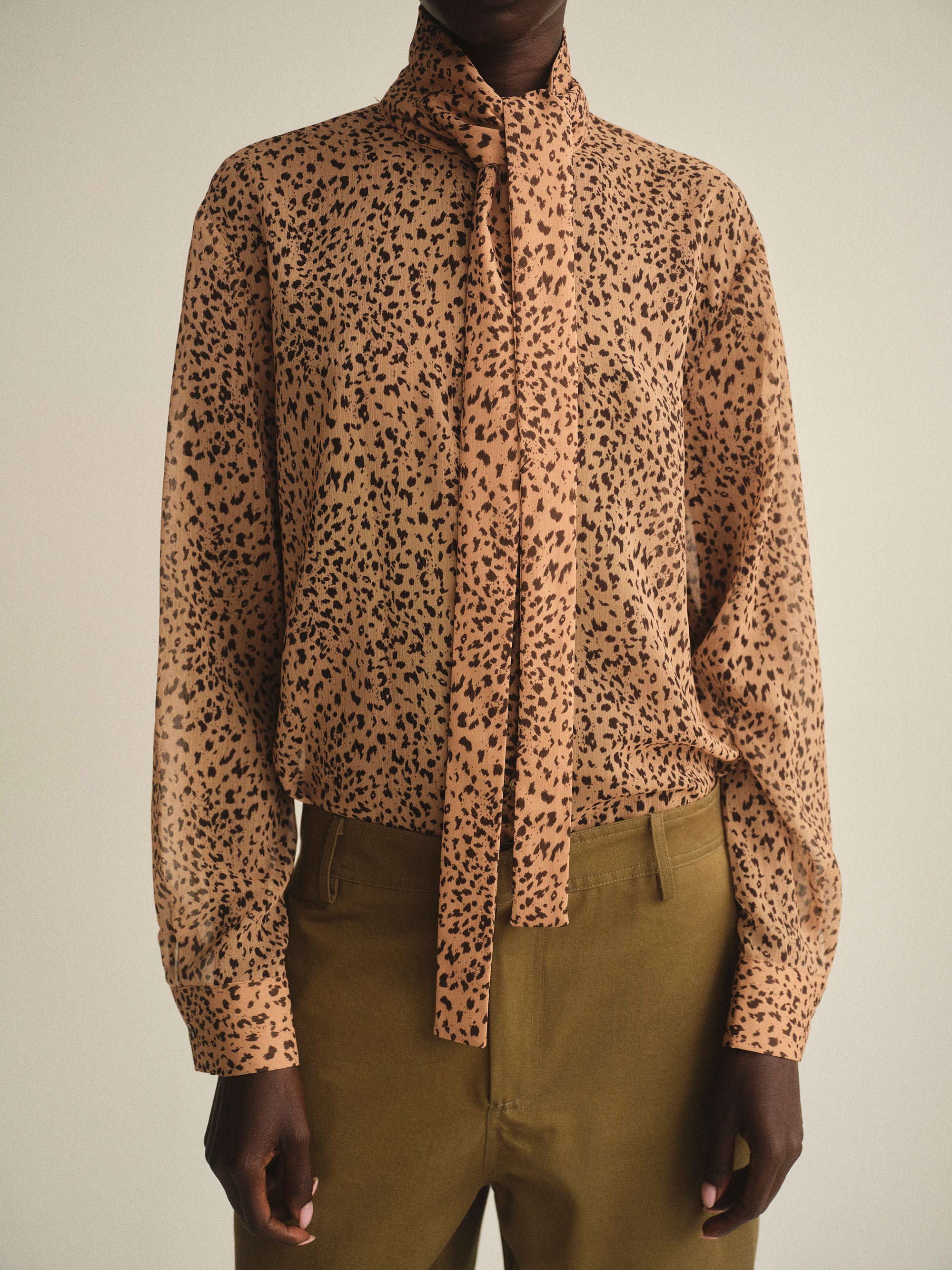 Leopard-Print Scarf Blouse, Brown