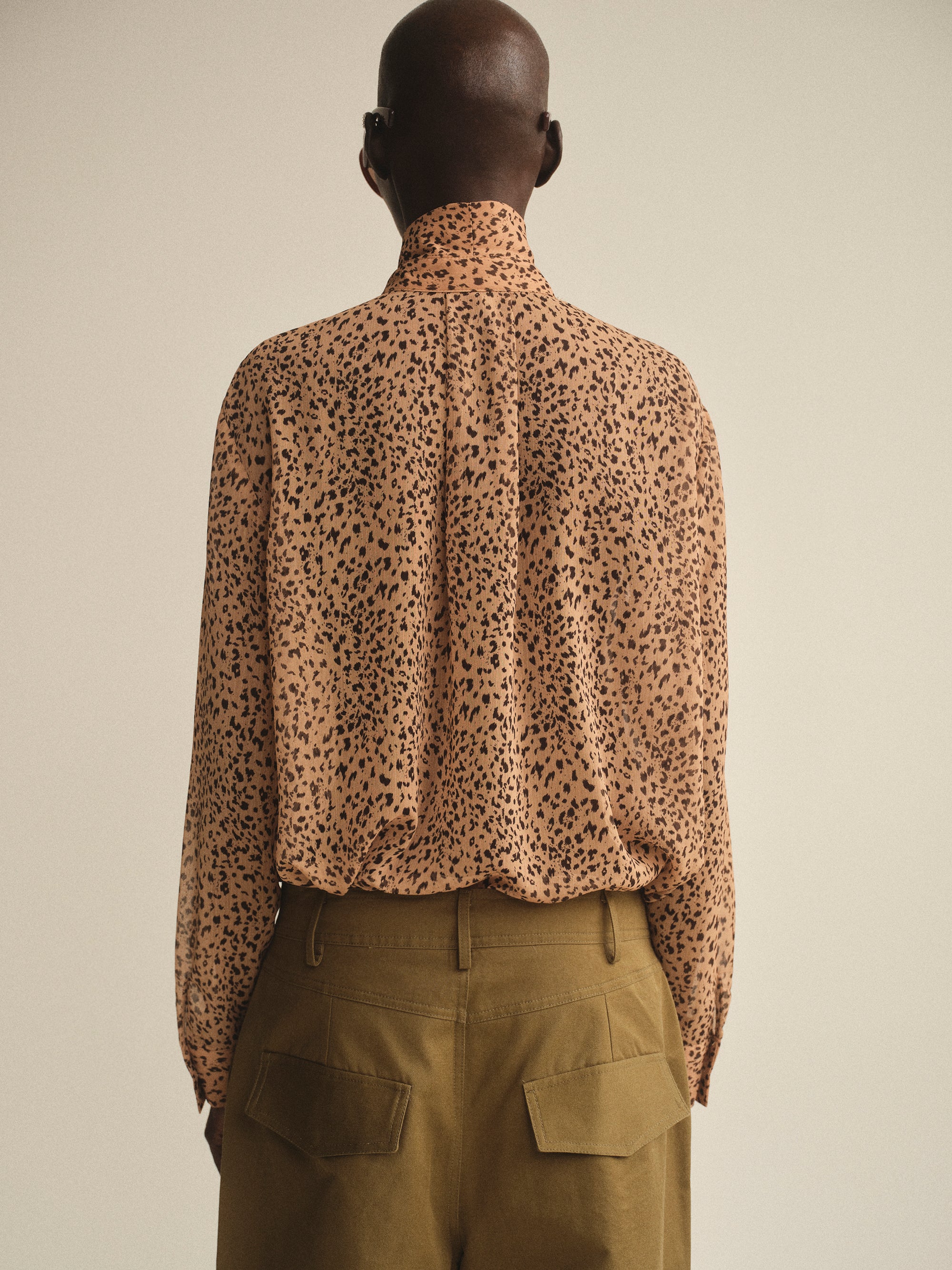 Leopard-Print Scarf Blouse, Brown