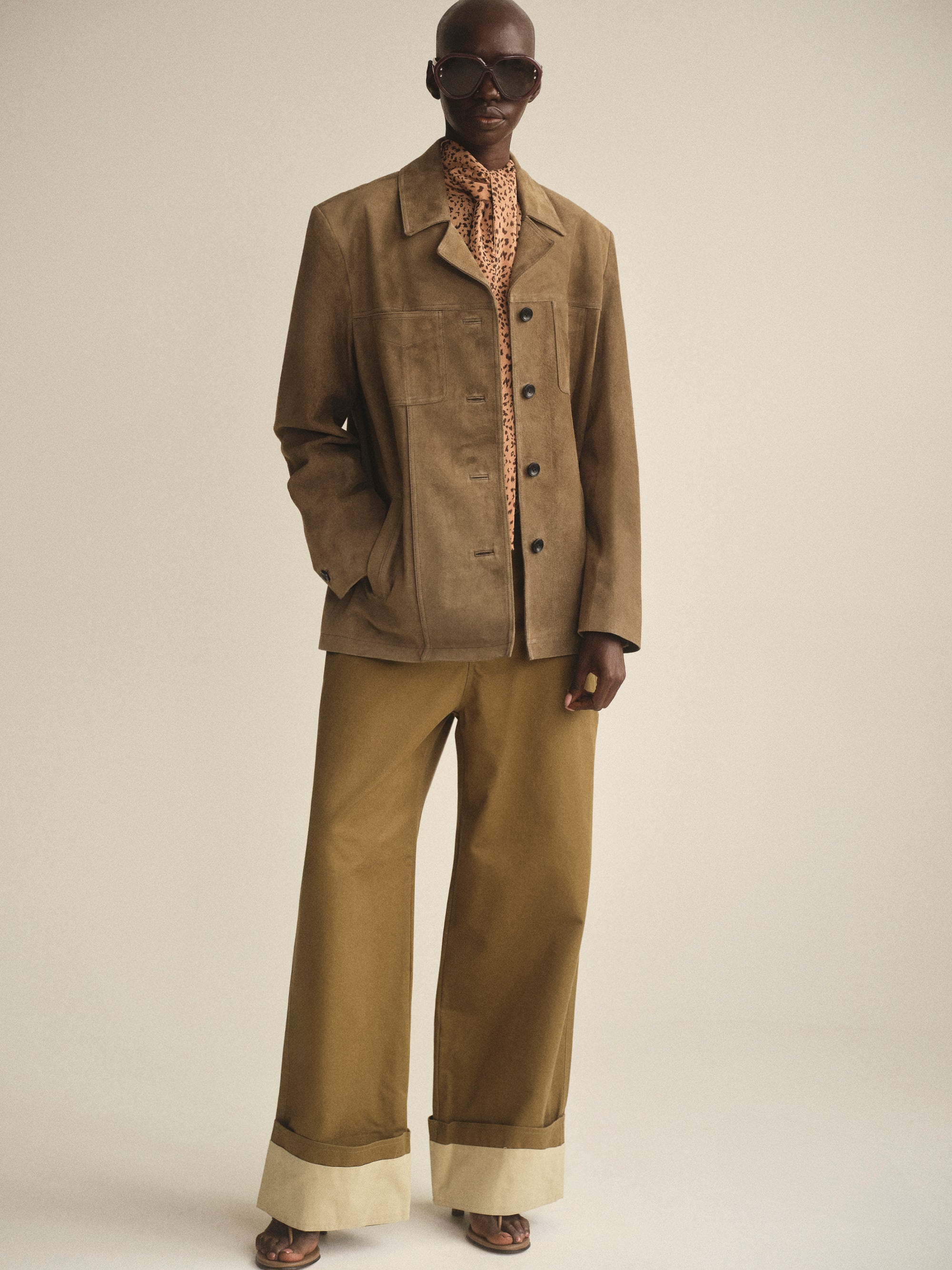 Wide Leg Turn-Up Trousers, Khaki