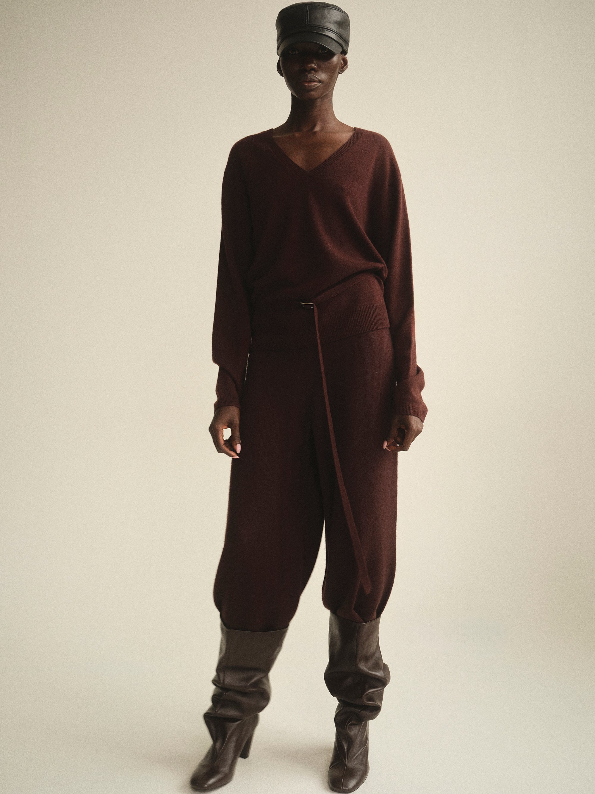 Belted Merino-Wool Blend Knit, Zinfande