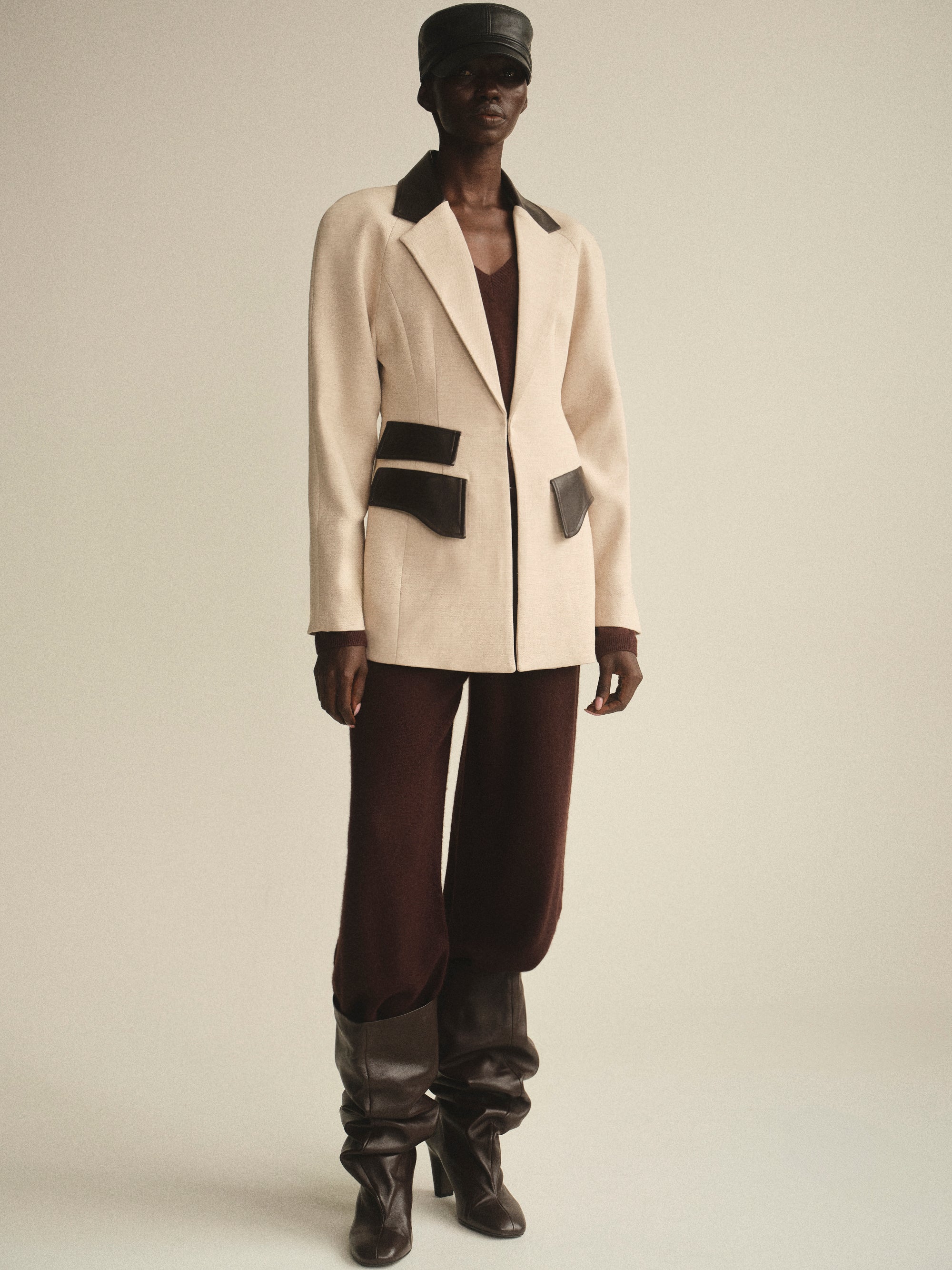 Faux-Leather Trim Blazer, Beige